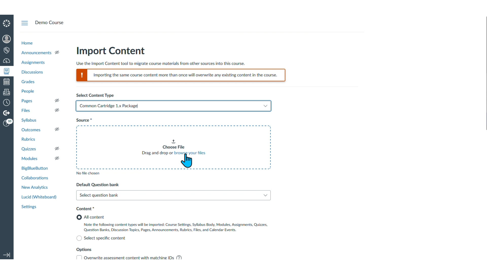 Upload Common Cartridge Using Drag and Drop
