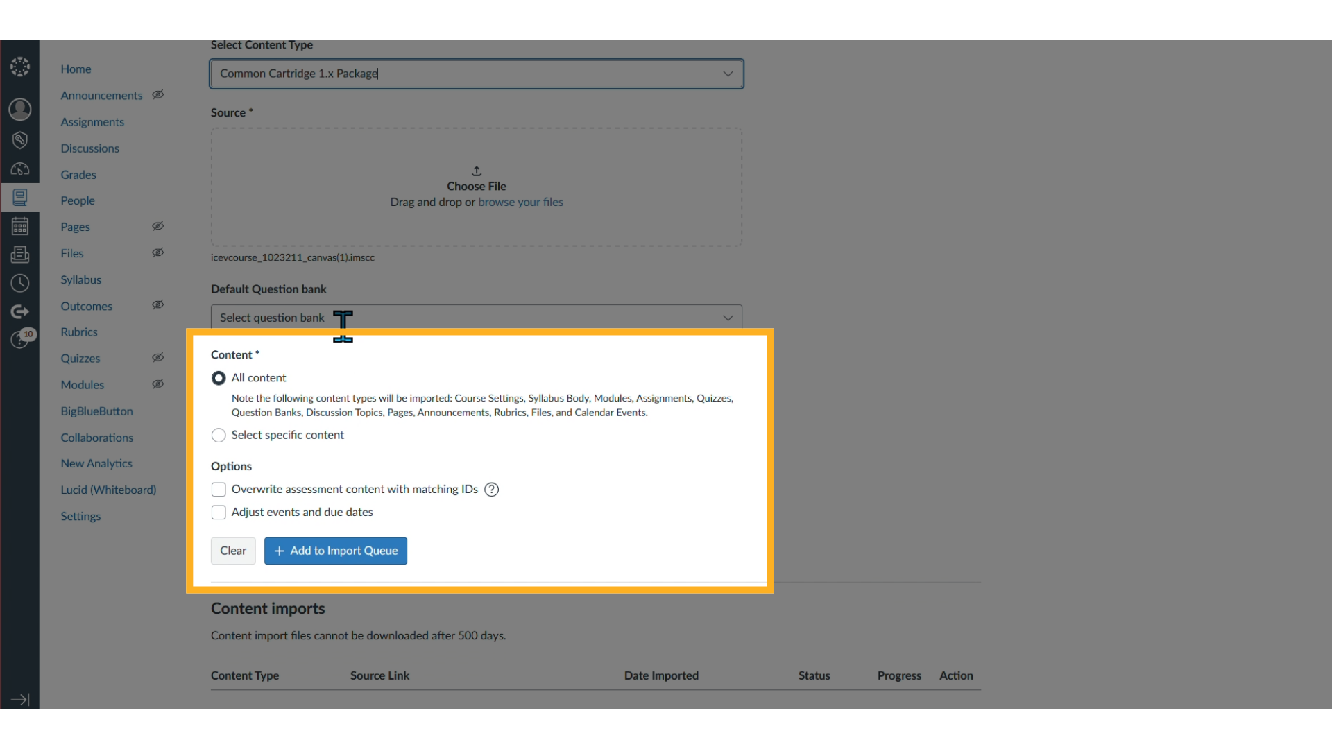 Set Import Options