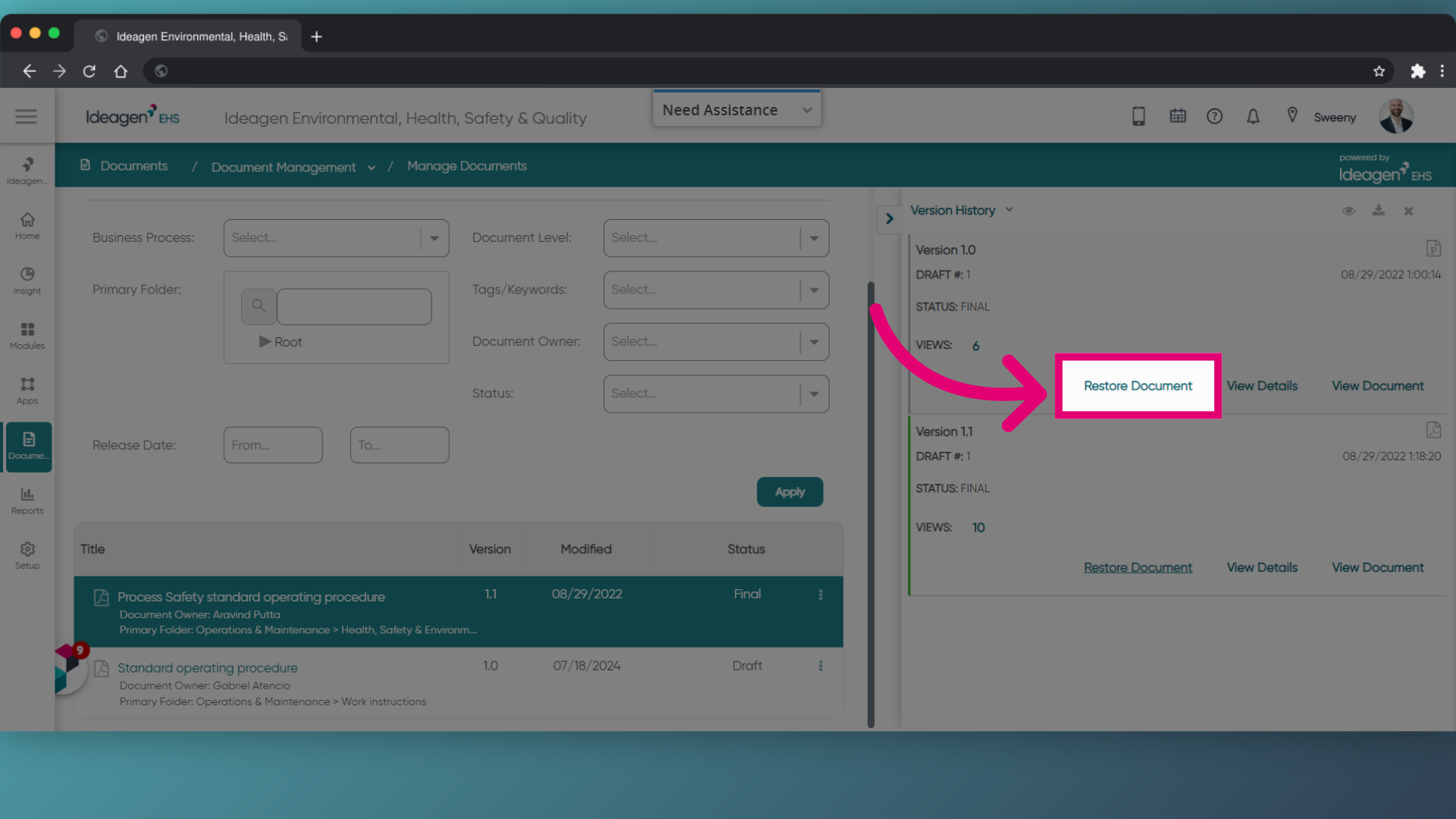 Click Restore Document