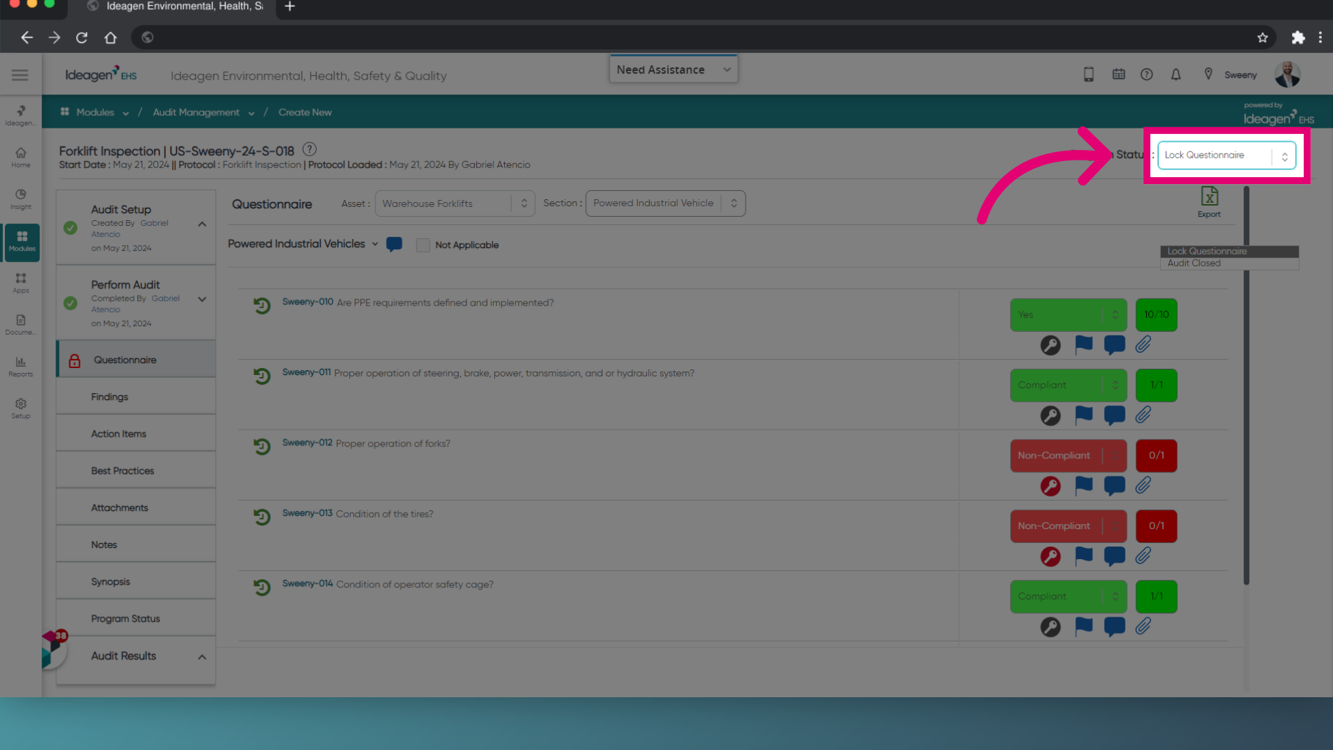 Click program status drop down to change from 'Lock Questionnaire' to 'Audit Closed'