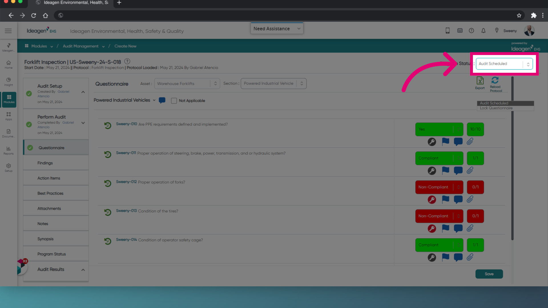 Click 'Audit Status' drop down 'Lock Questionnaire'