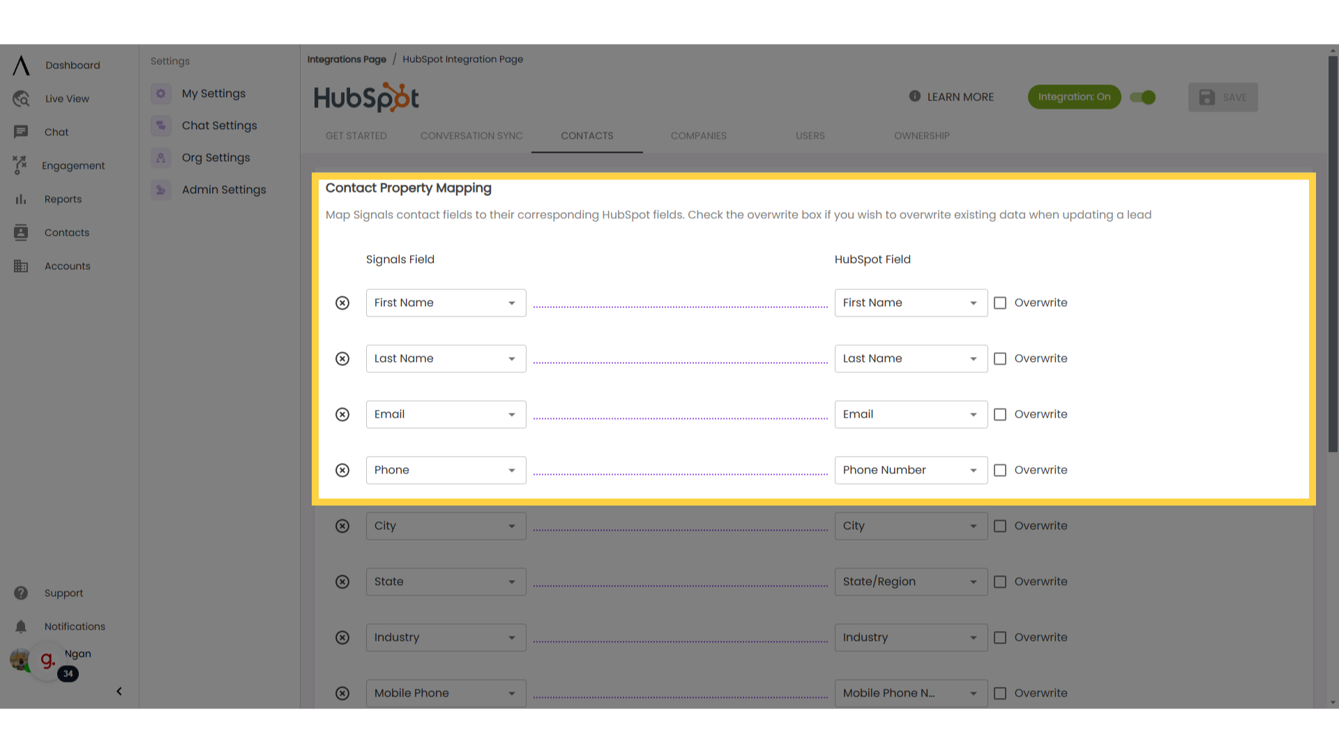 Configure 'Contact Property Mapping' sections