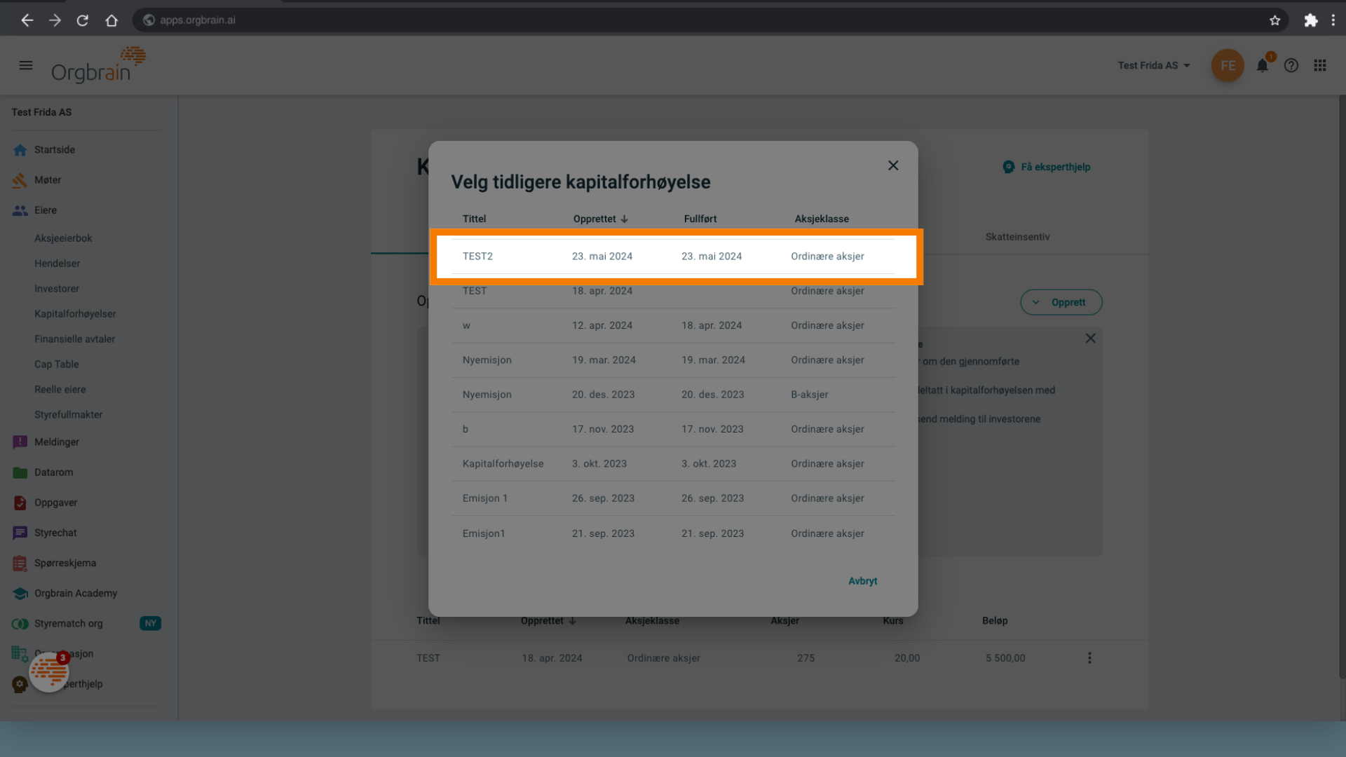 Velg tidligere kapitalforhøyelse