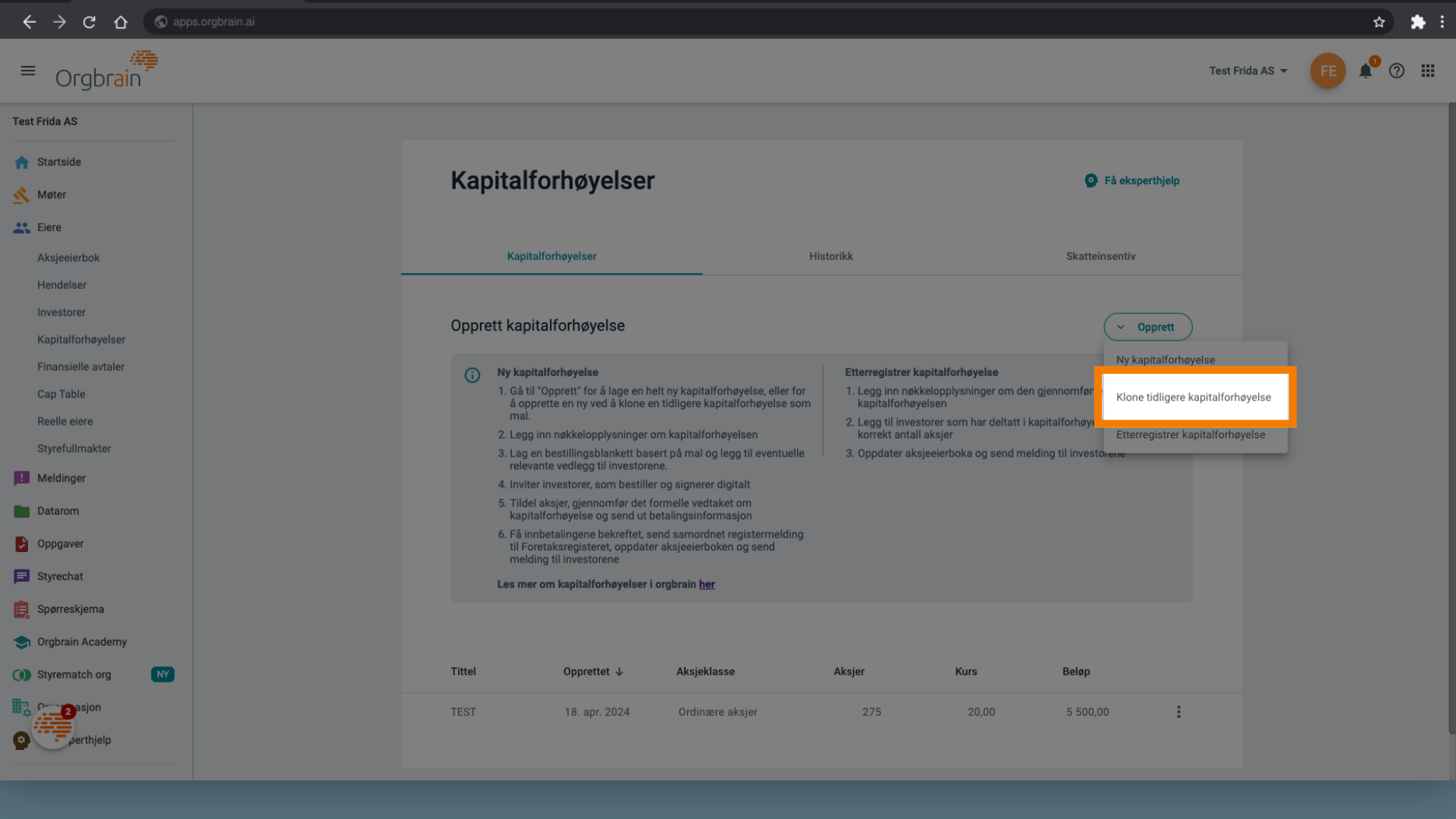 Klone tidligere kapitalforhøyelse