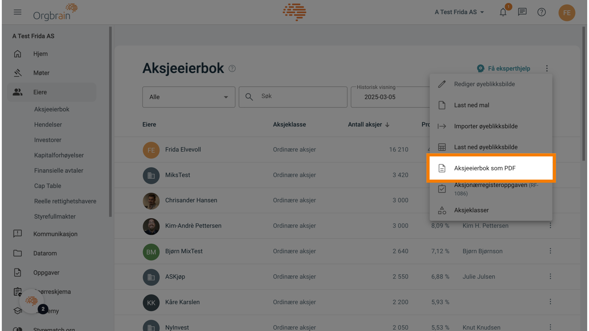 Aksjeeierbok som PDF