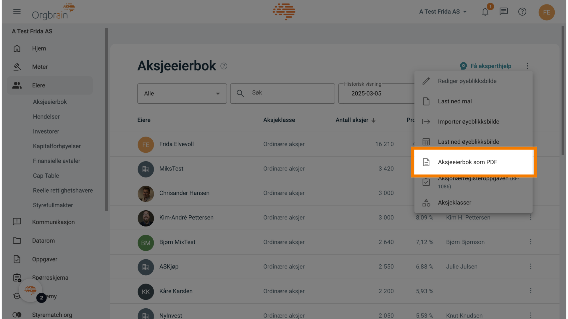 Aksjeeierbok som PDF
