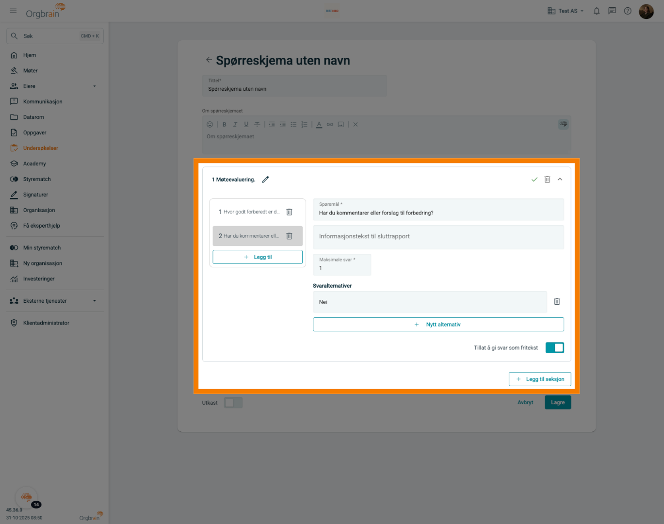 Legg til seksjoner og spørsmål