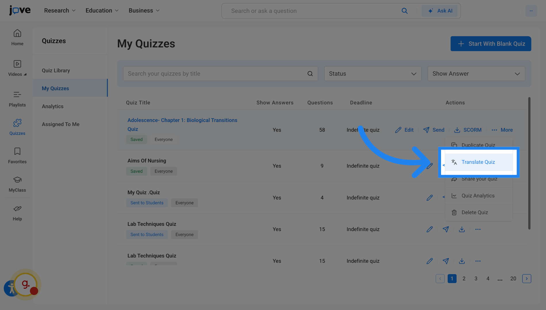 Initiate Quiz Translation