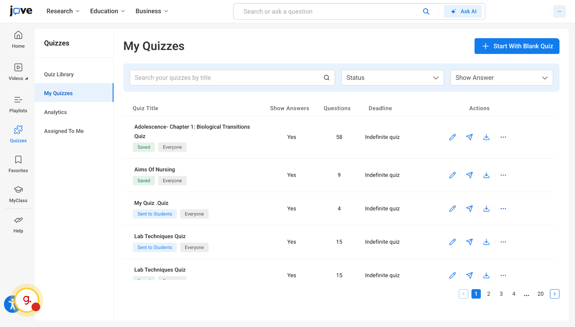 Access My Quizzes Tab