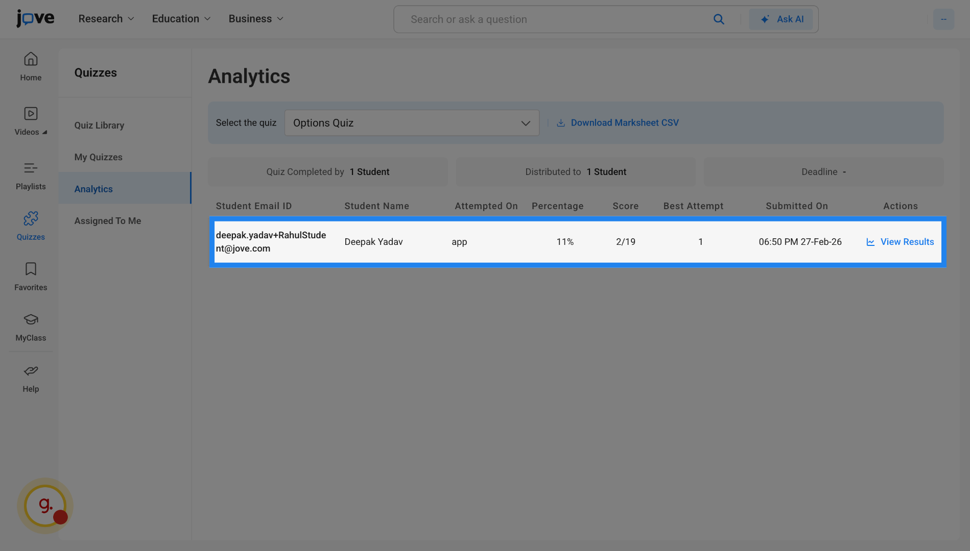 Select Student Attempt