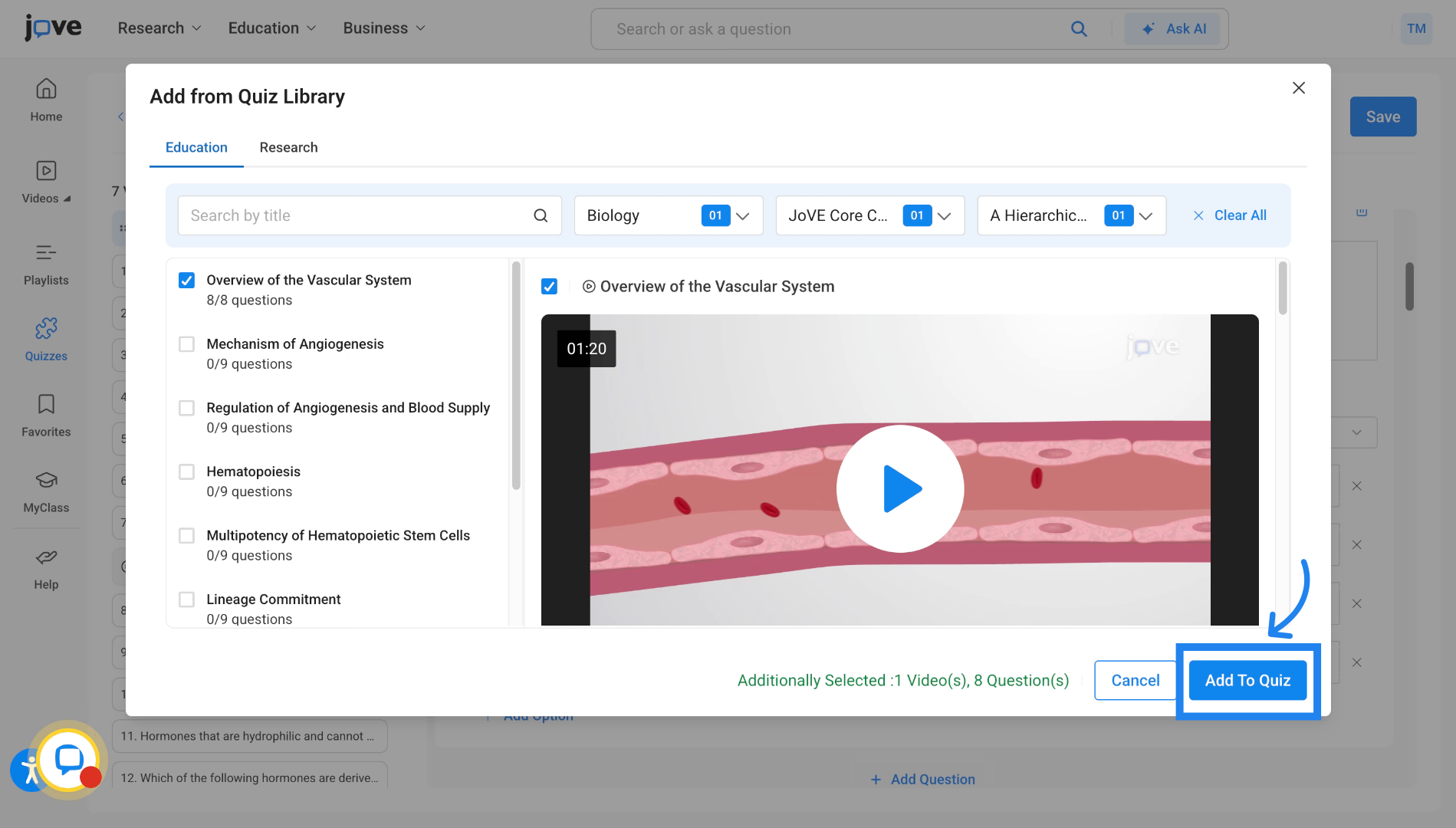 Add Selected Content to Quiz