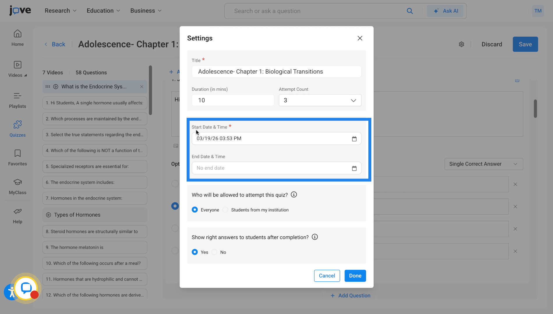 Set Quiz Start and End Dates