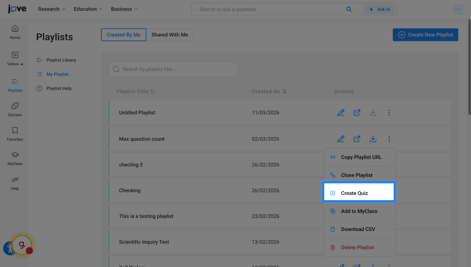 Access Quizzes via playlist