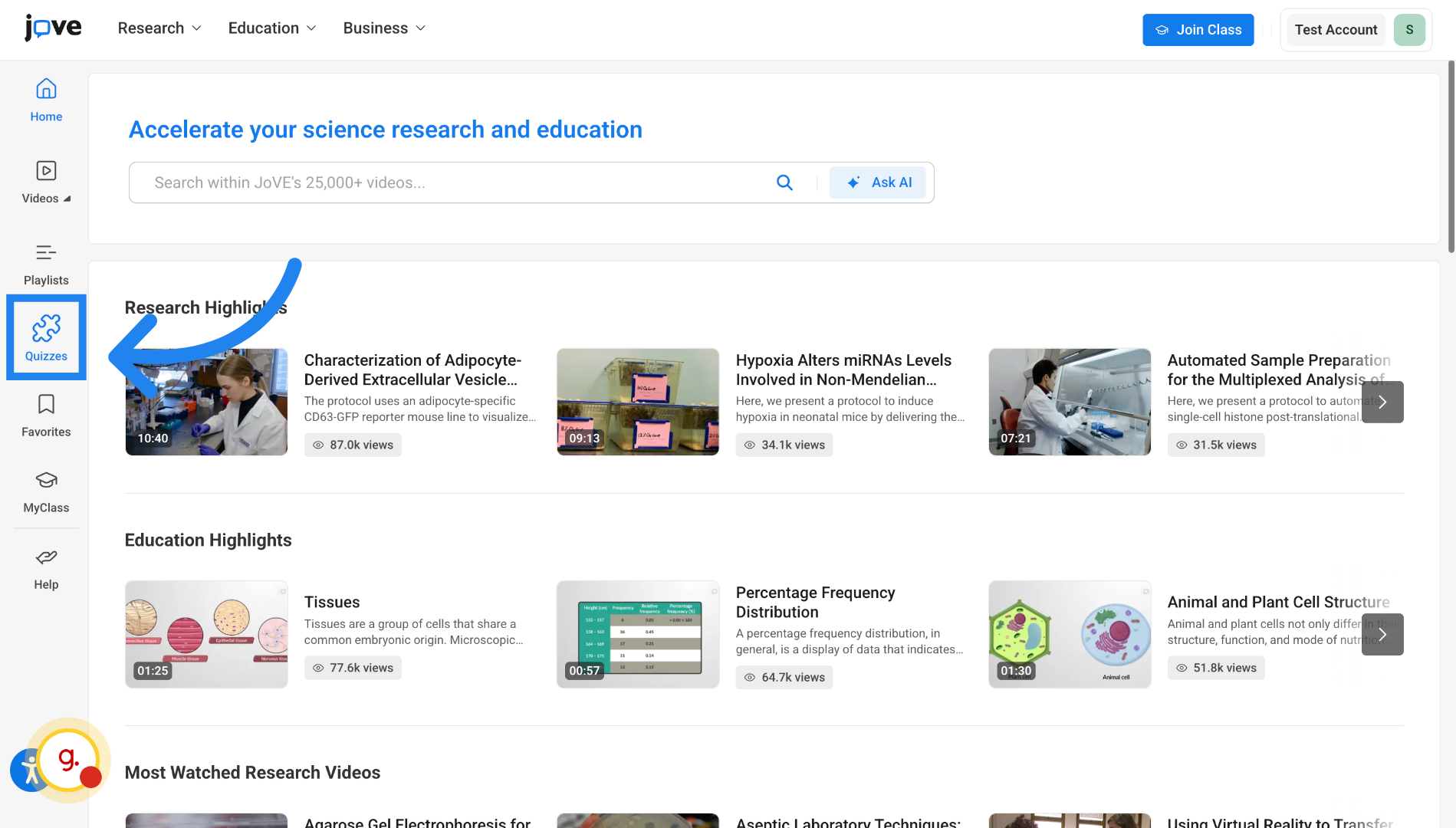 Access Quizzes Section