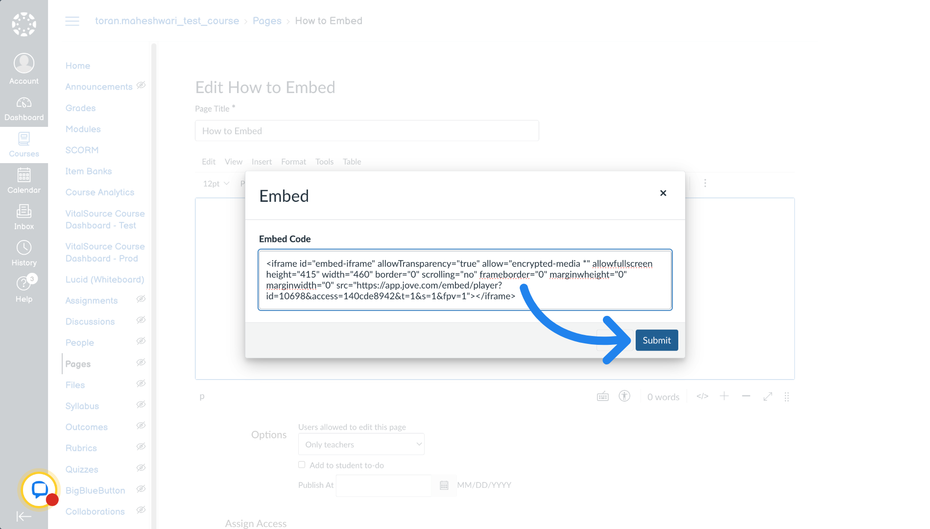 Submit Embed Code in Canvas
