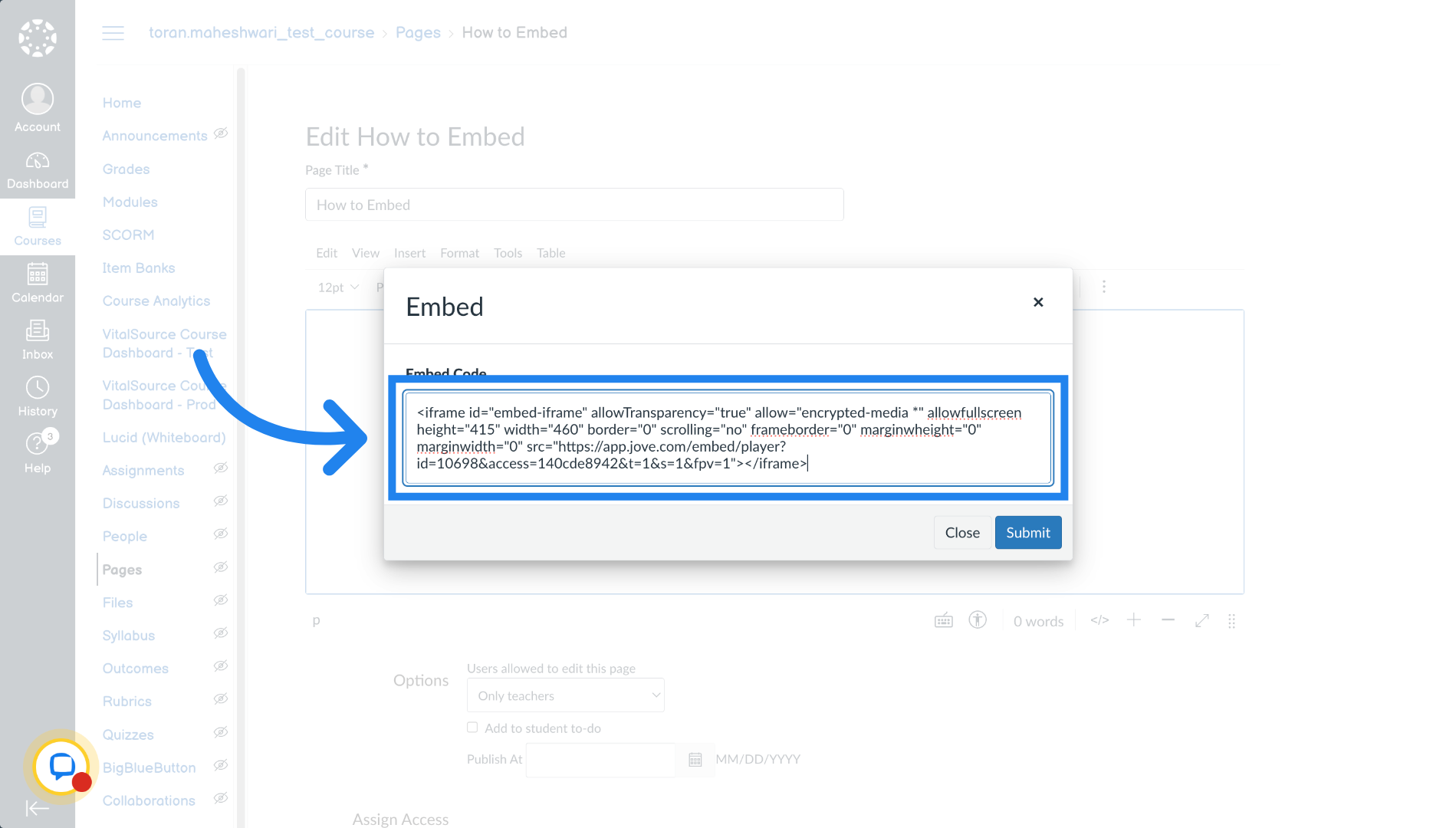Paste Embed Code in Canvas