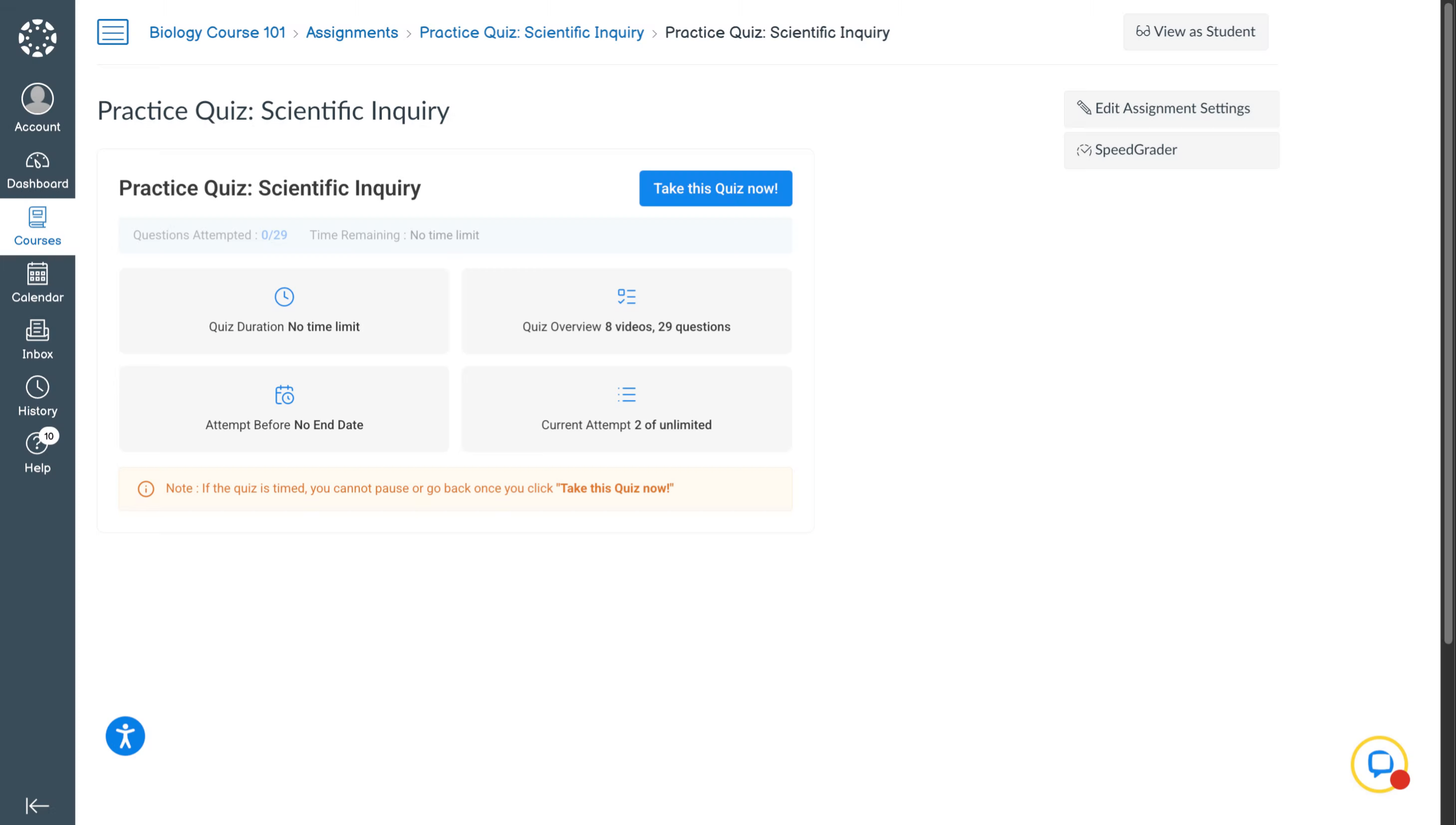 Student Quiz Access Page