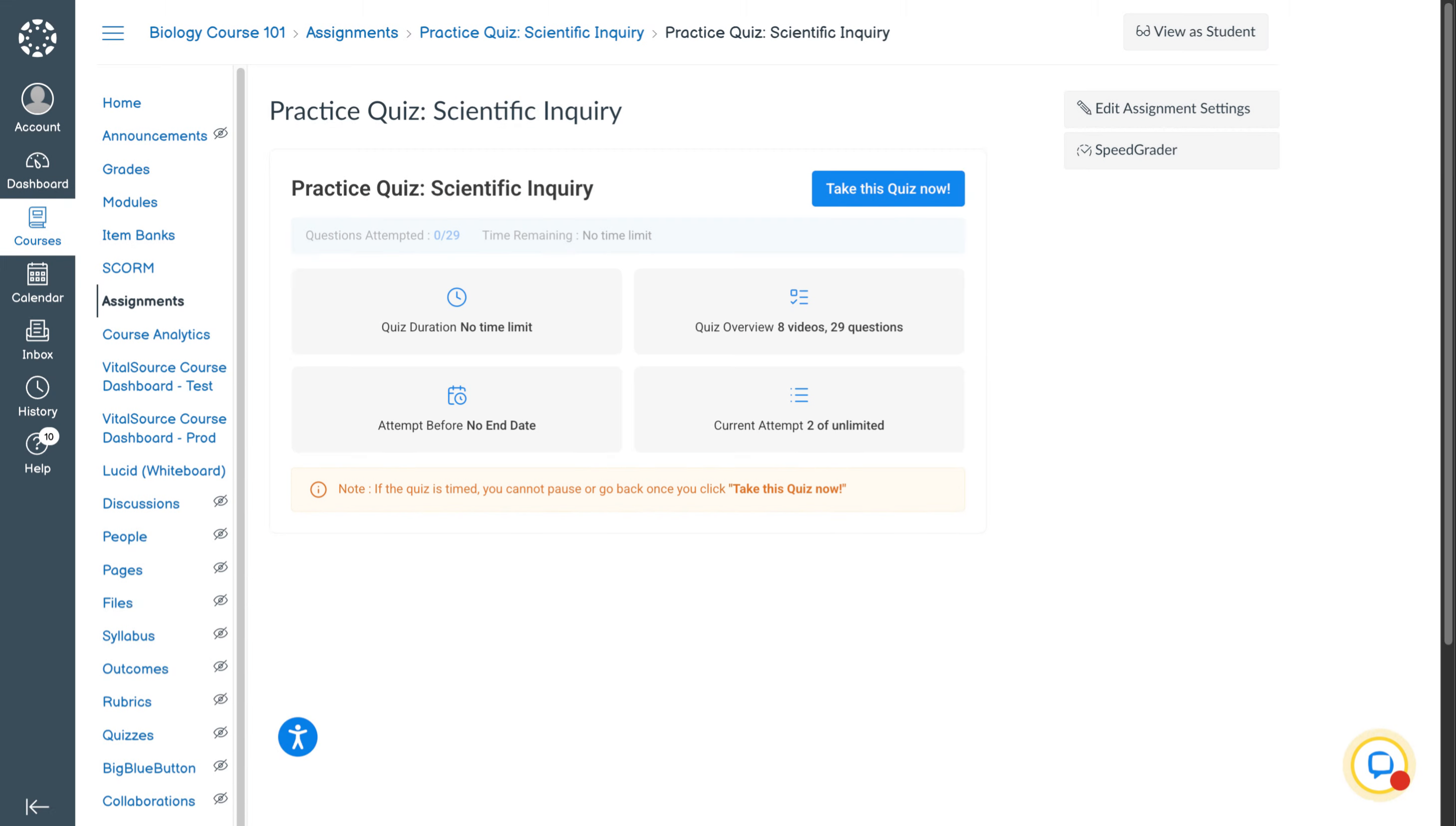 Accessing Quiz Settings