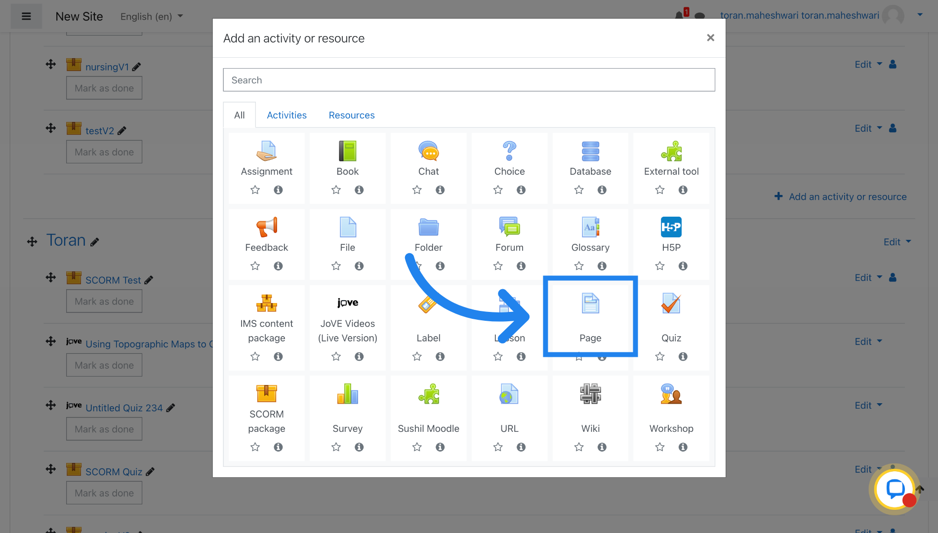 Choose Page Activity