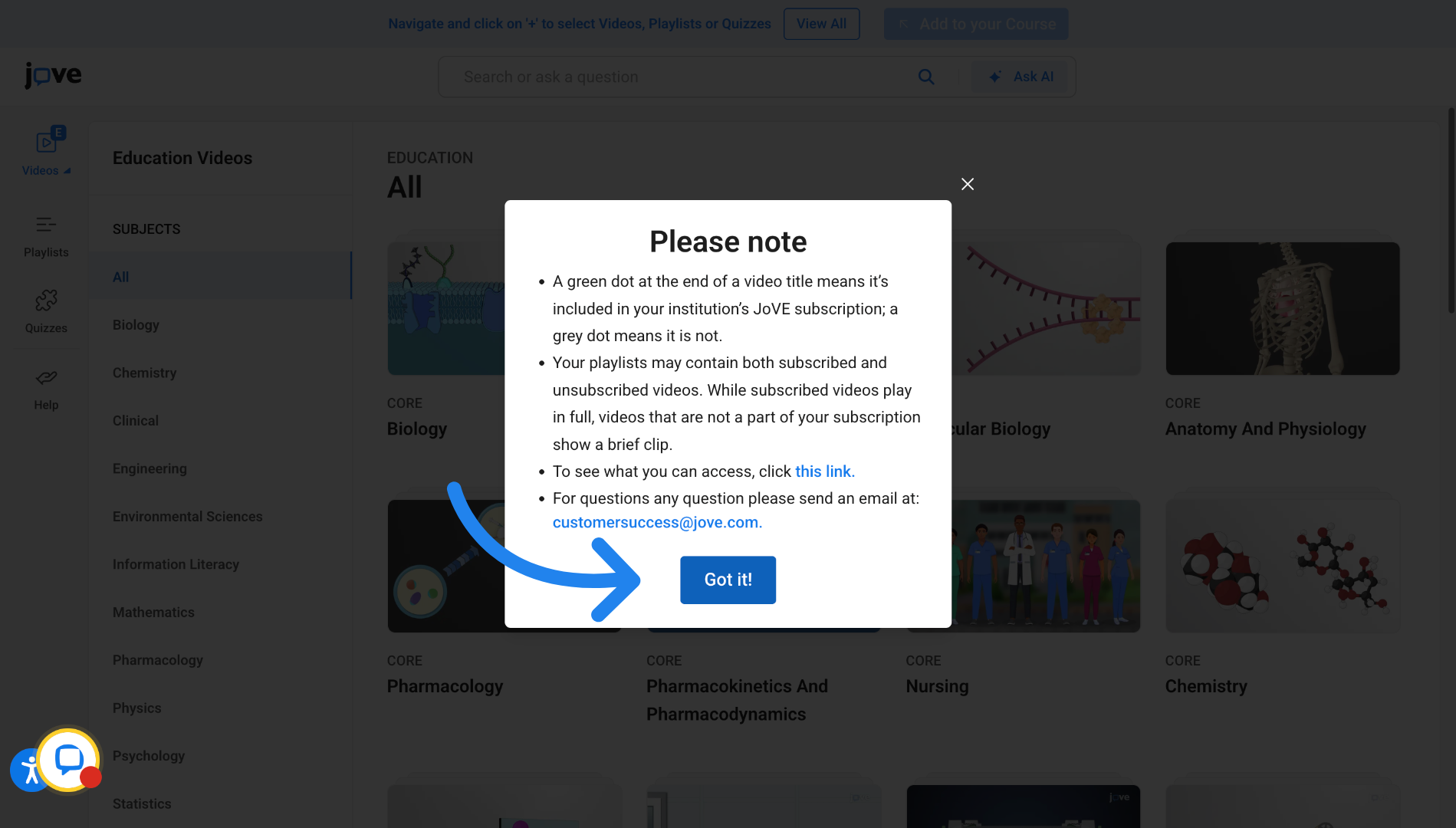Acknowledge JoVE Notice in Canvas