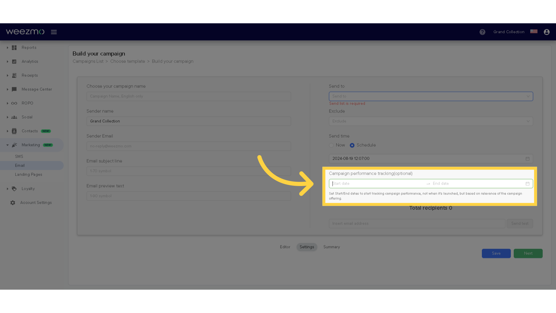 Select tracking times