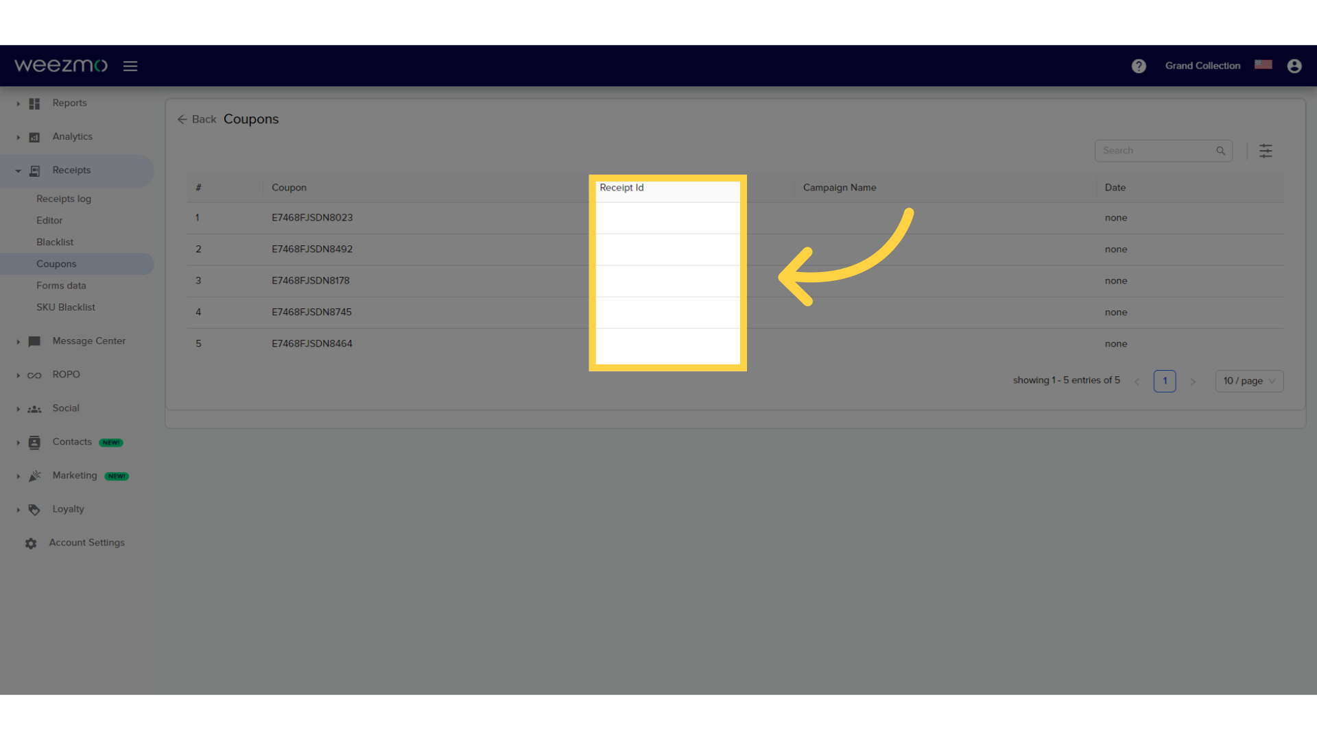 Receipt id column