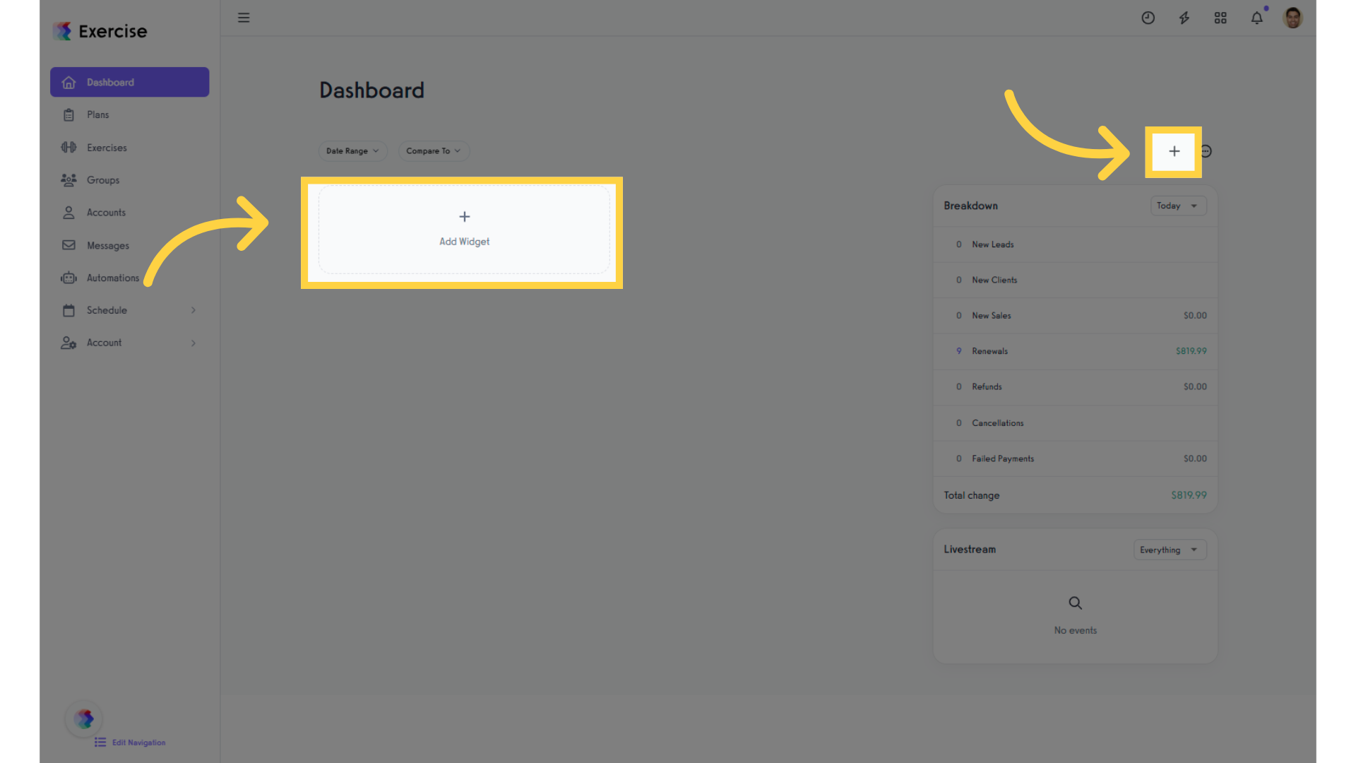 Click the “+ Add Widget” button on the Dashboard page.