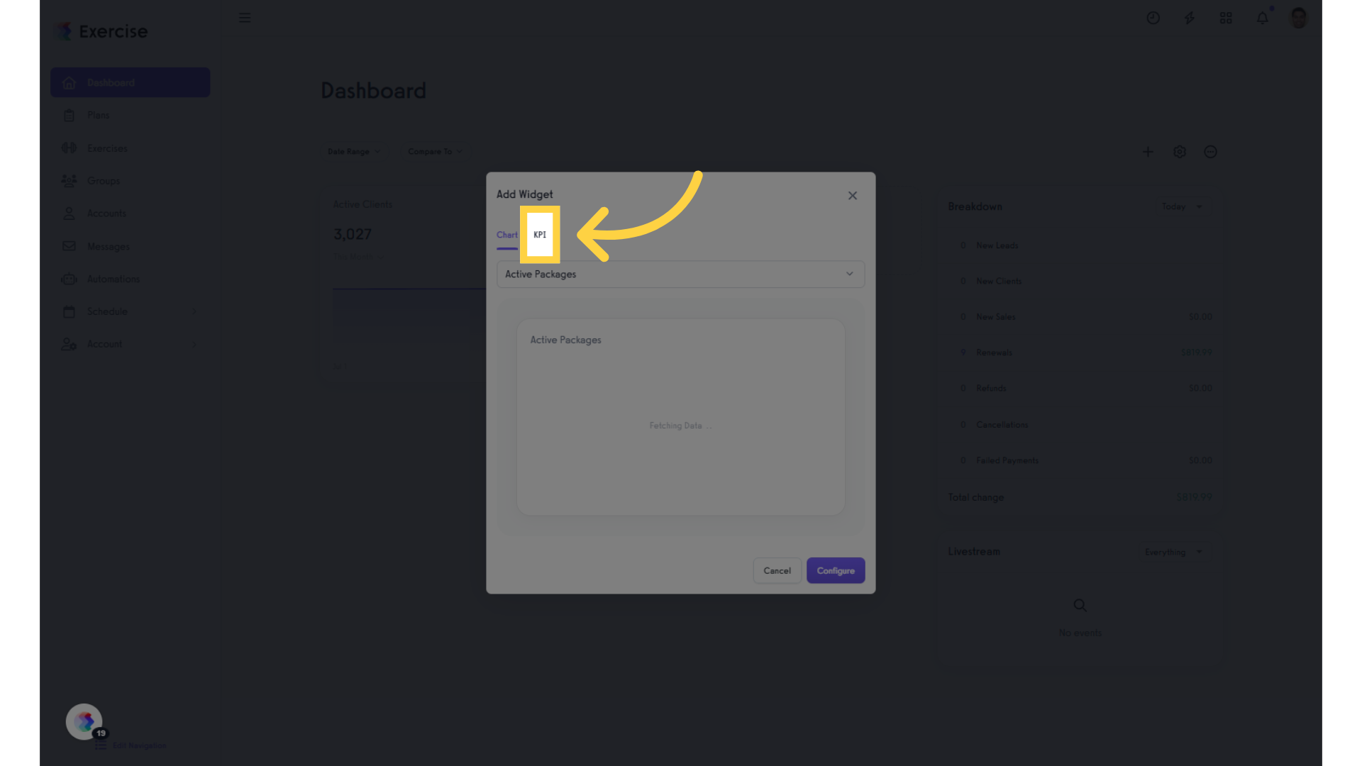 Now, add another widget and select the “KPI” tab.