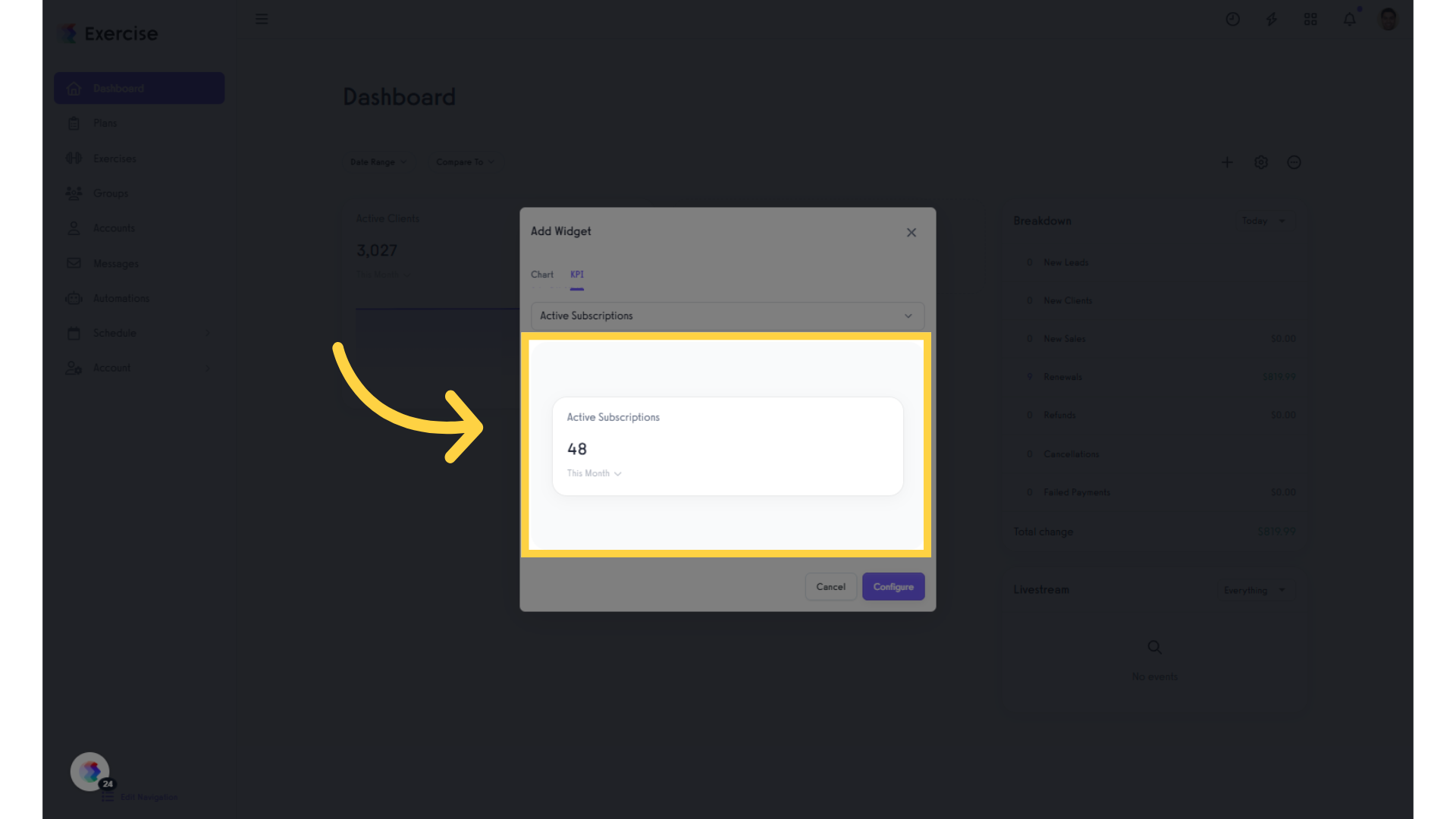Displays the KPI in the popup modal.