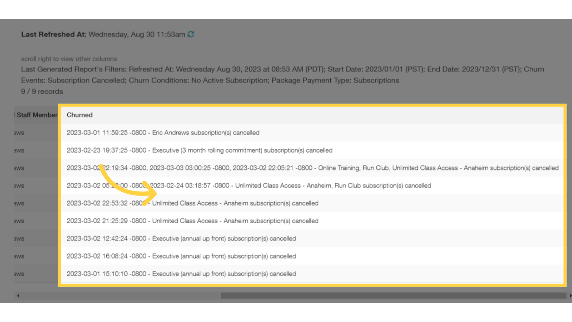 The 'Churned' column shows you the Churn Event(s) that qualified each account for this report.