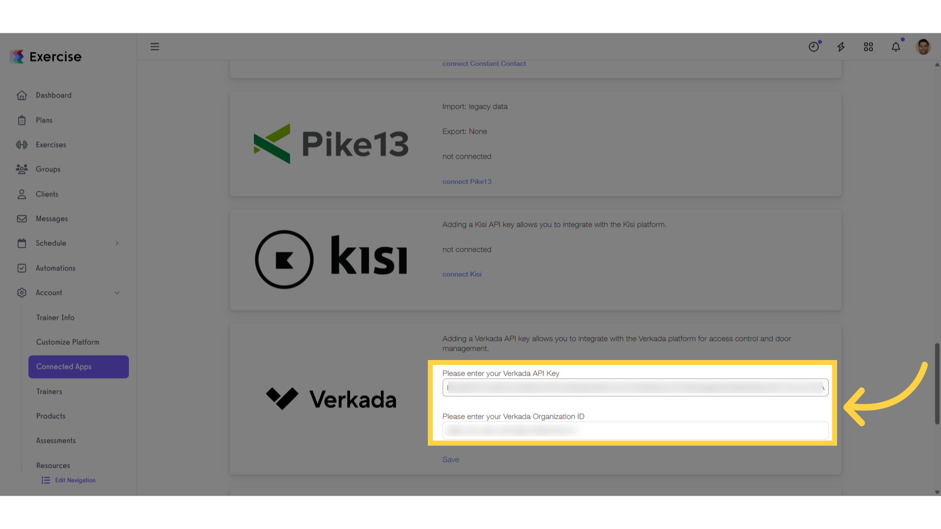 Enter your API key and Organization ID.