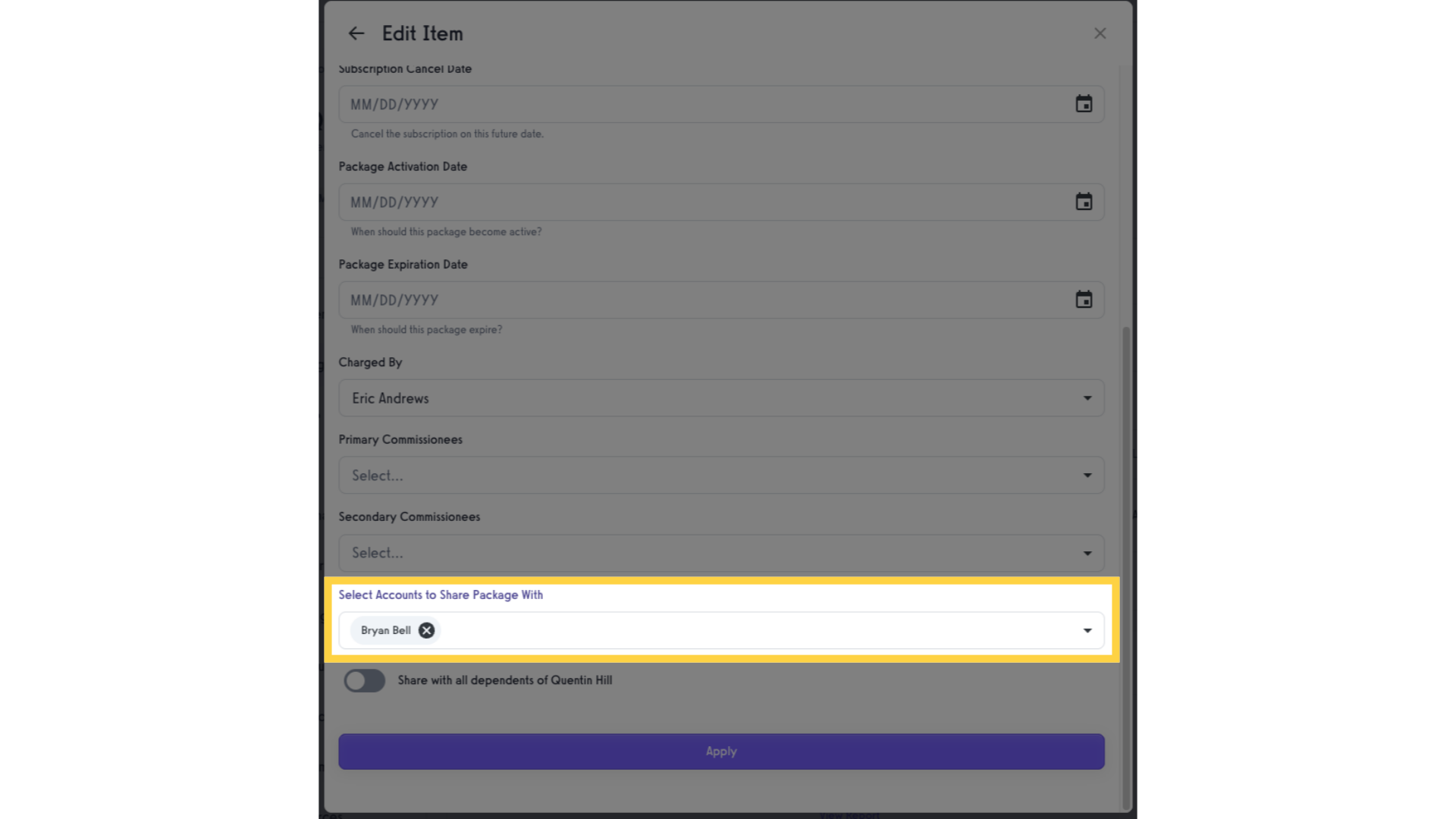 Option 1 Step 8: Select accounts to share package with.
