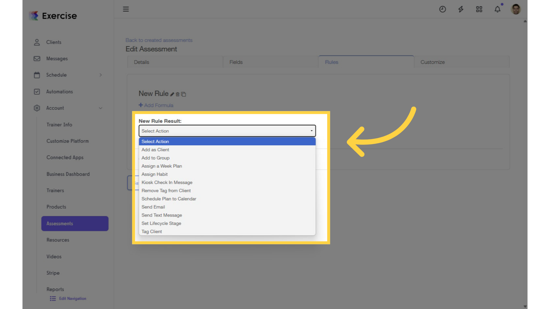Select a rule from 'New Rule Result' drop-down list.