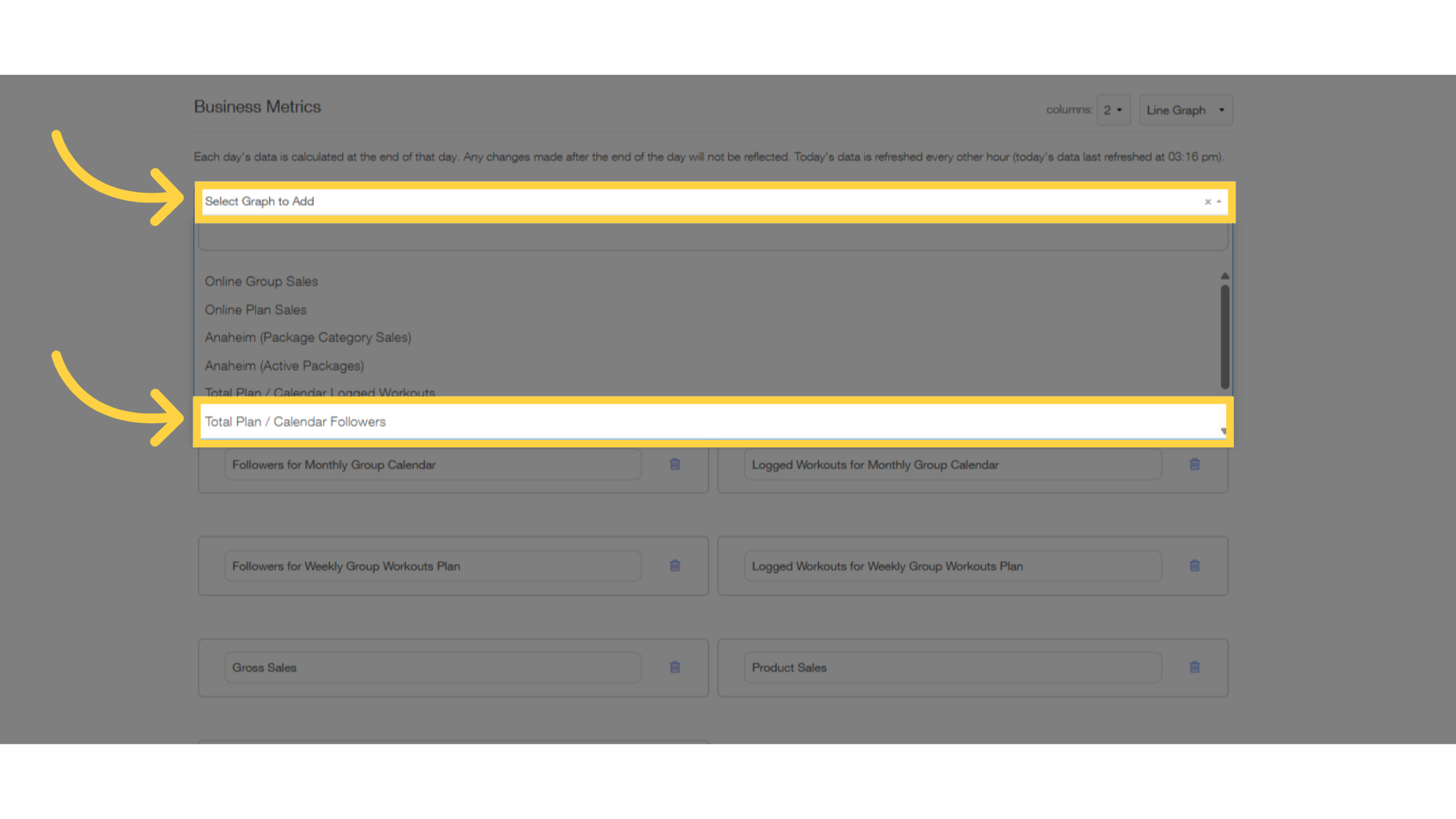 Select the dropdown list to add a graph.