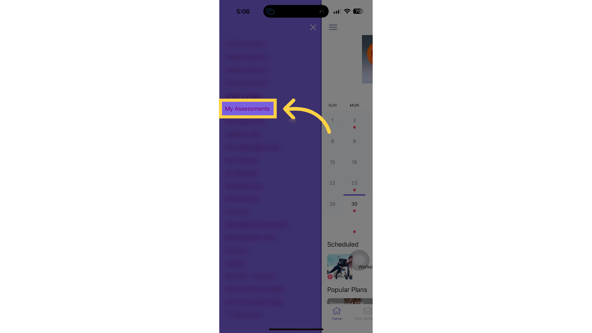 Tap āMy Assessmentsā from the side menu.