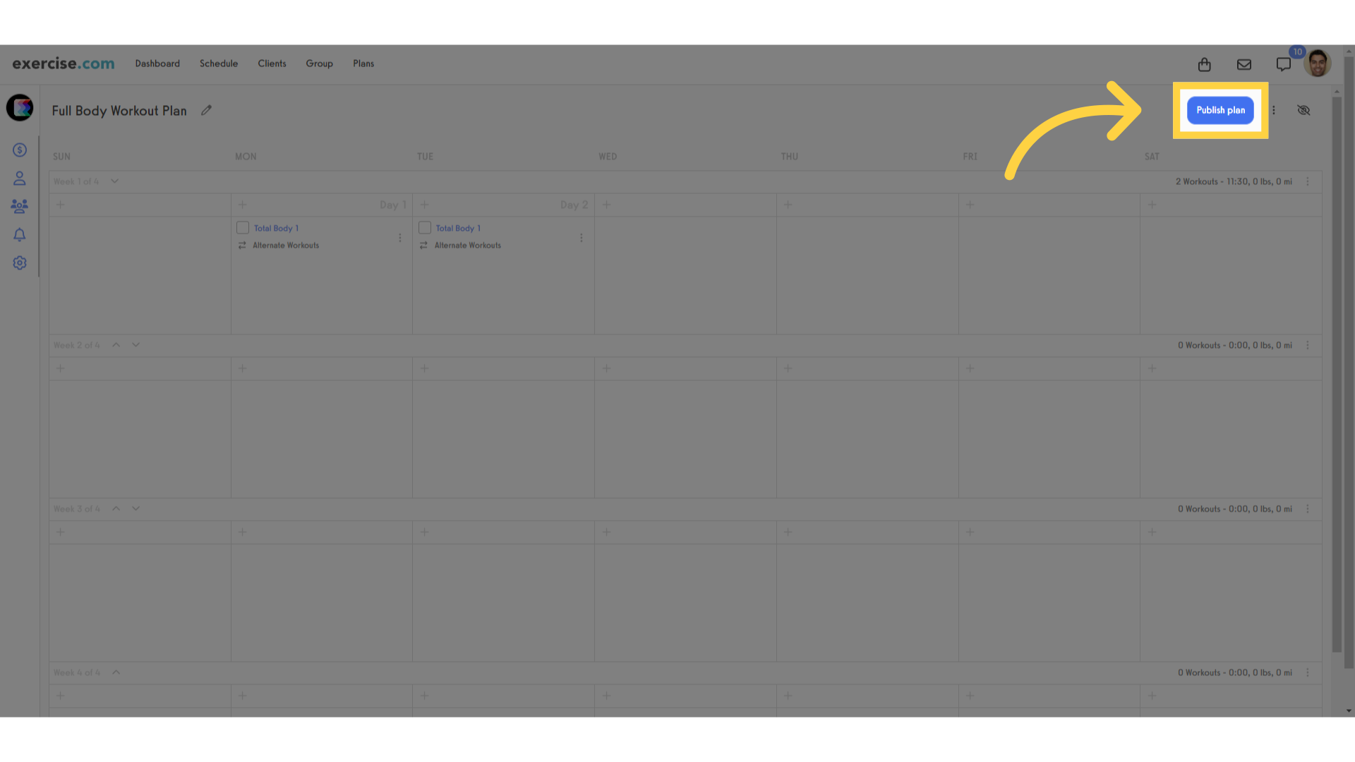Once all of your workouts are ready, click Publish plan to finalize it and check for potential issues.
