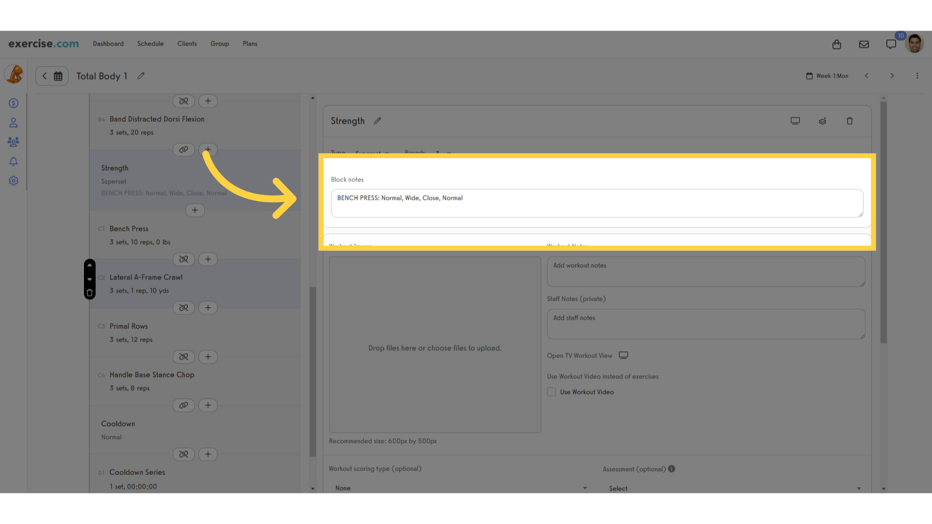 Add block notes for your clients to see during their workouts.