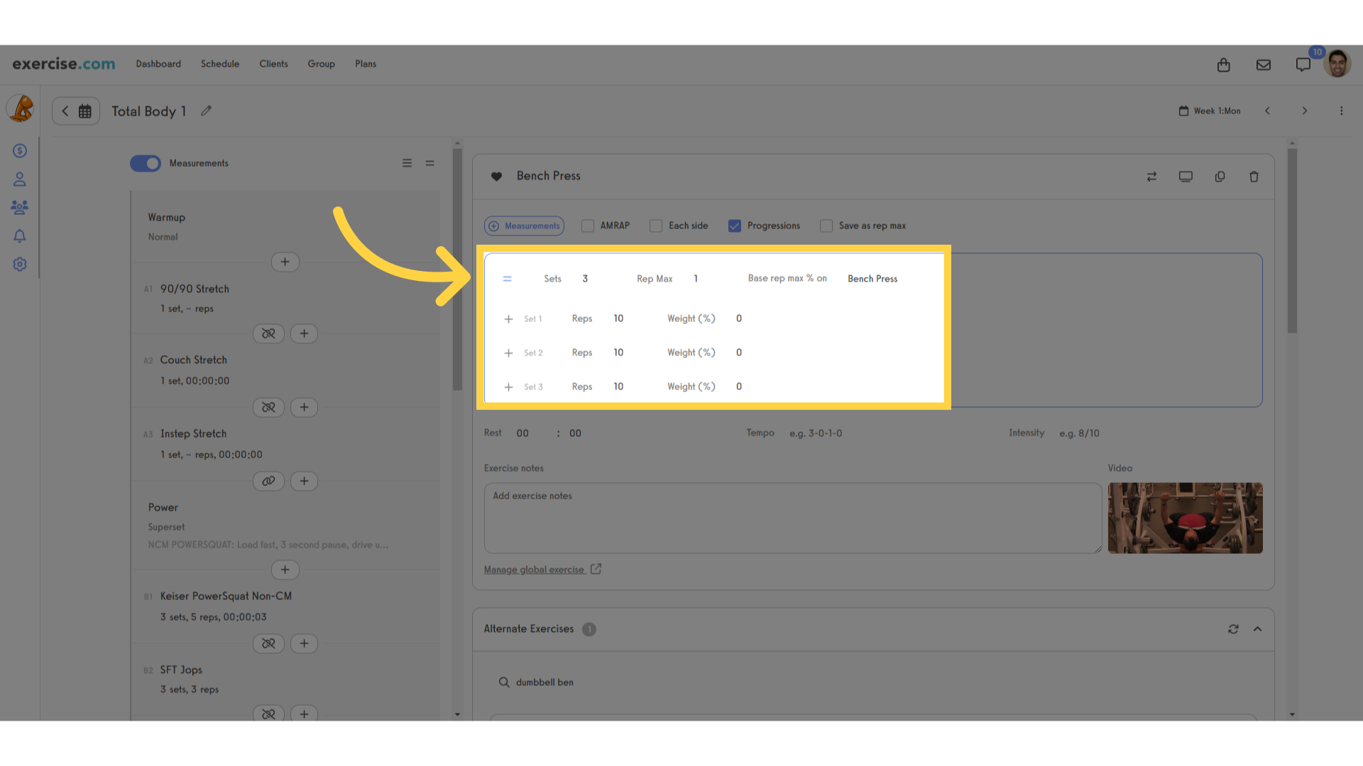 Click the expand sets icon to see and edit the reps or other measurements for each individual set.