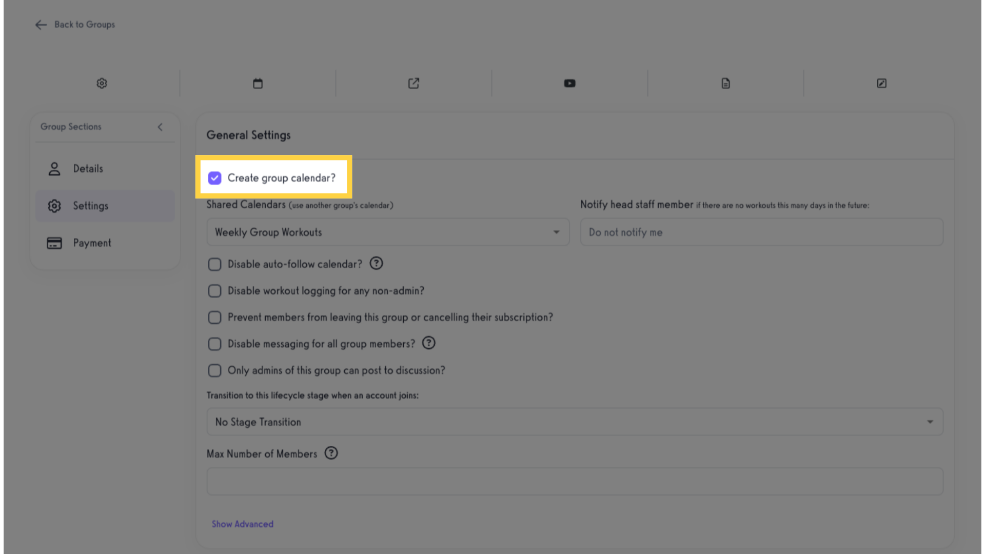 Enable “Create group calendar”.