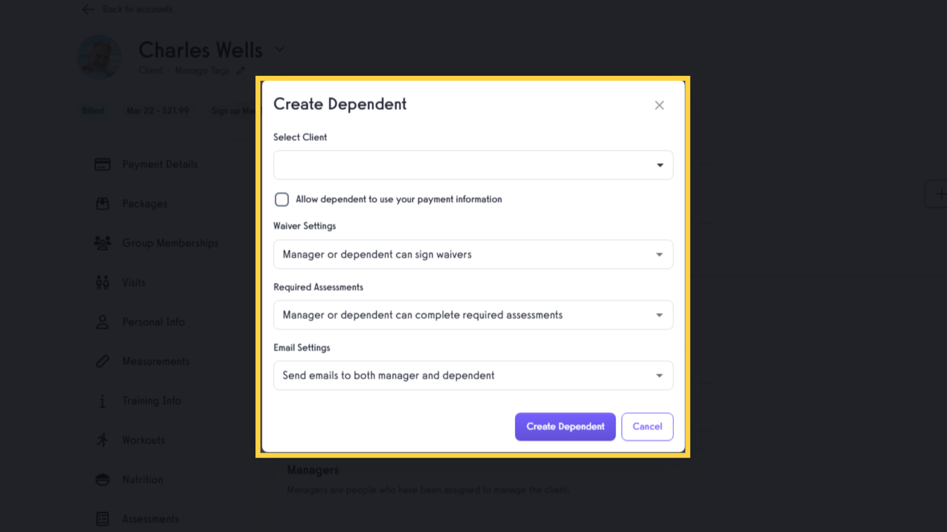 Complete the form 'Create Dependent'