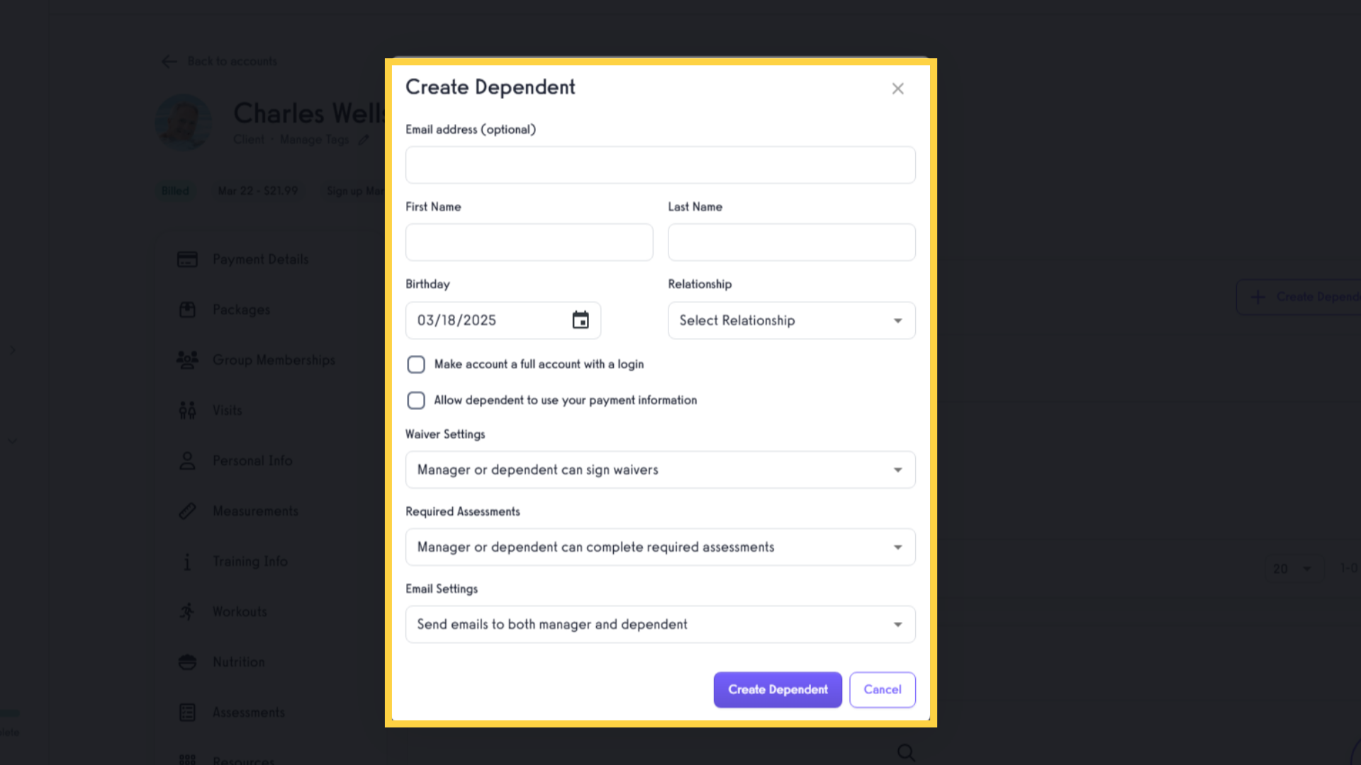 Complete the form 'Create Dependent'