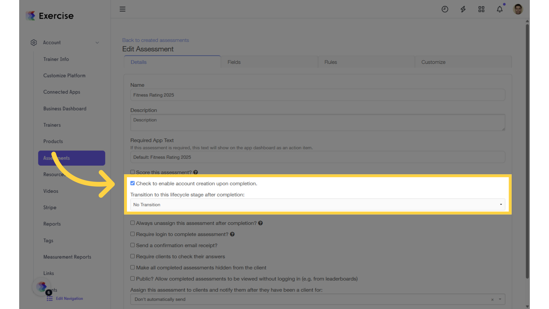 Click 'Check to enable account creation upon completion.'