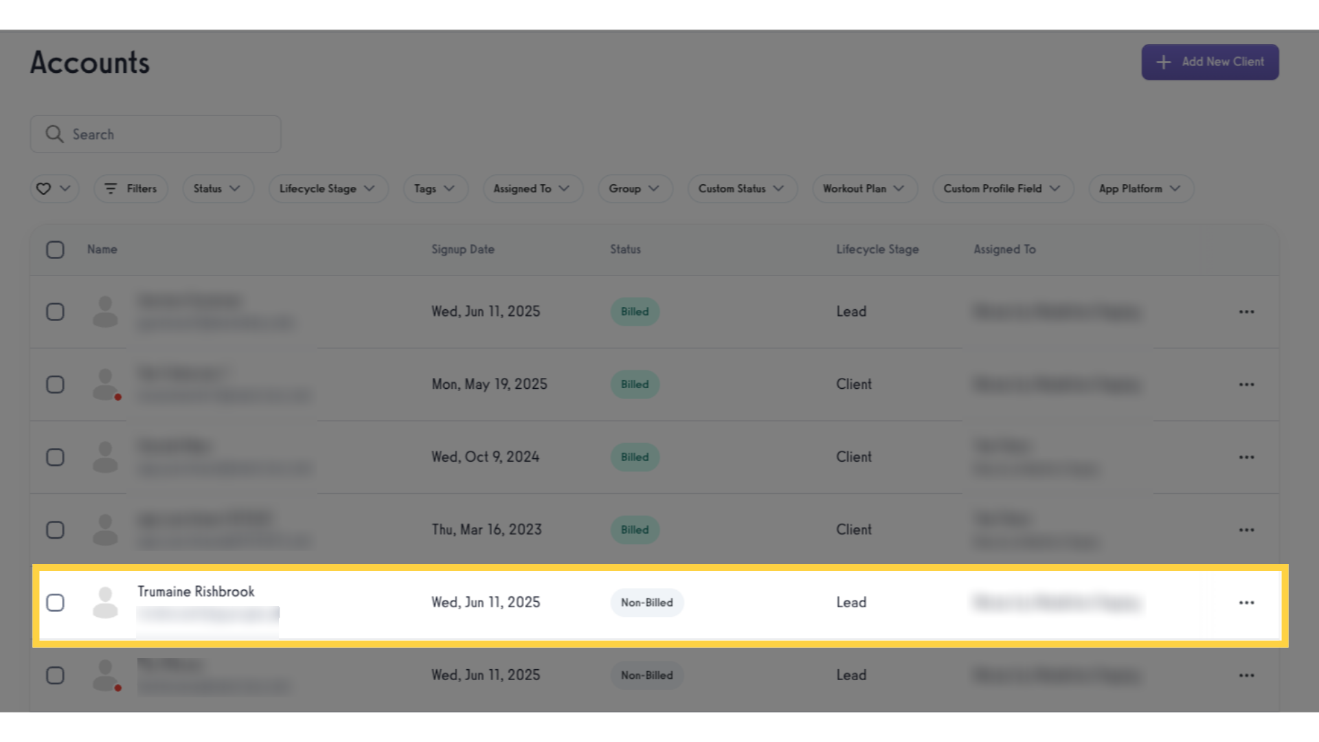 Select and click client's name.