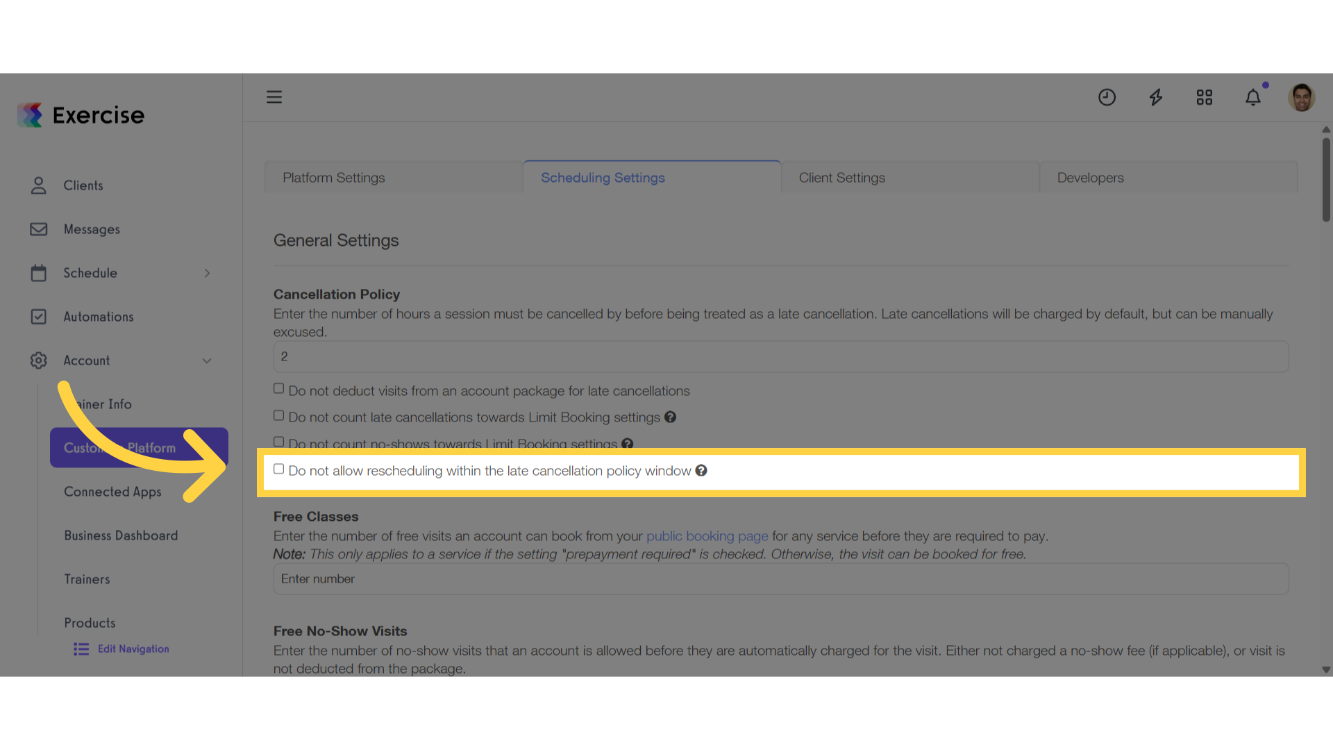 Enable the checkbox labeled 'Do not allow rescheduling within the late cancellation policy window'