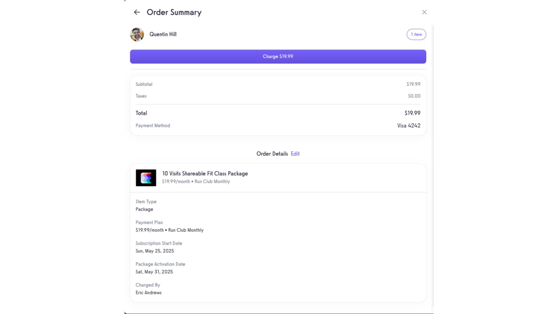 Review Order Summary and charge the client.