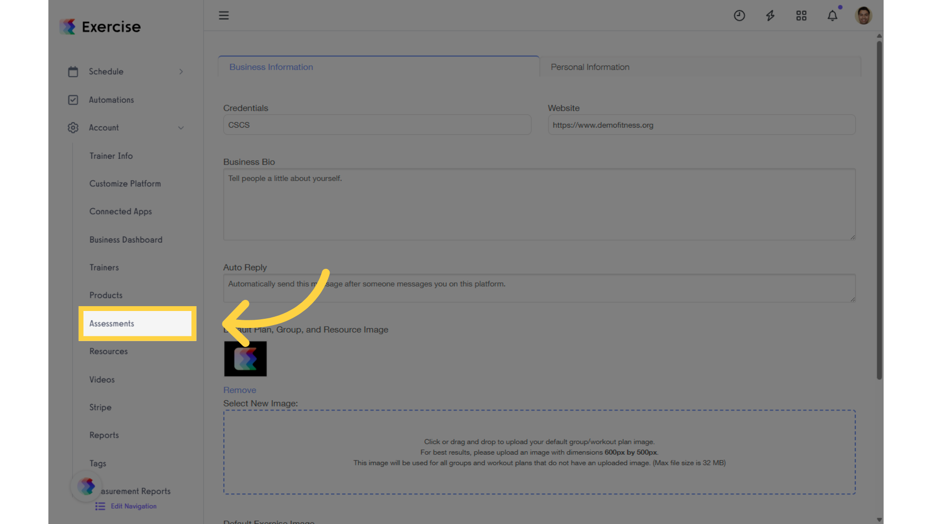 In the Account tab, click on the “Assessments” option in the left sidebar.