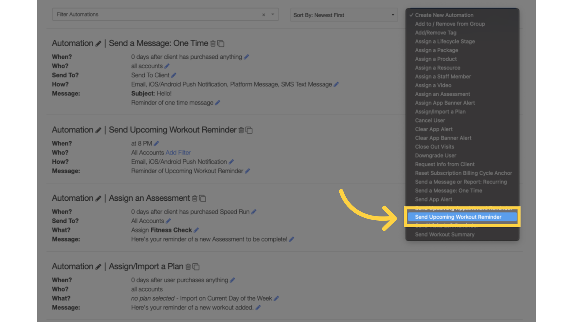 Create New Automation: “Send Upcoming Workout Reminder.”