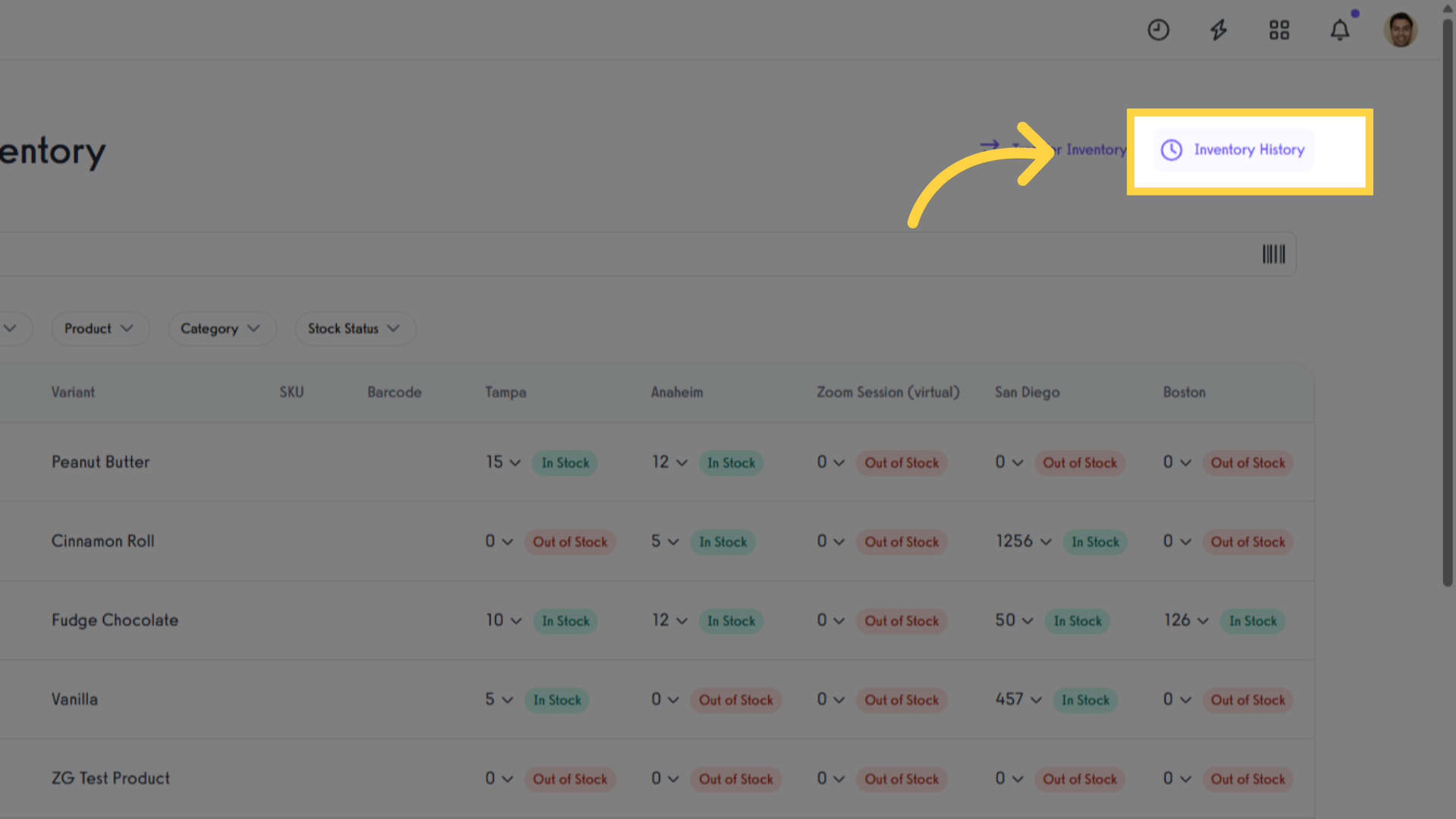 Click 'Inventory History'
