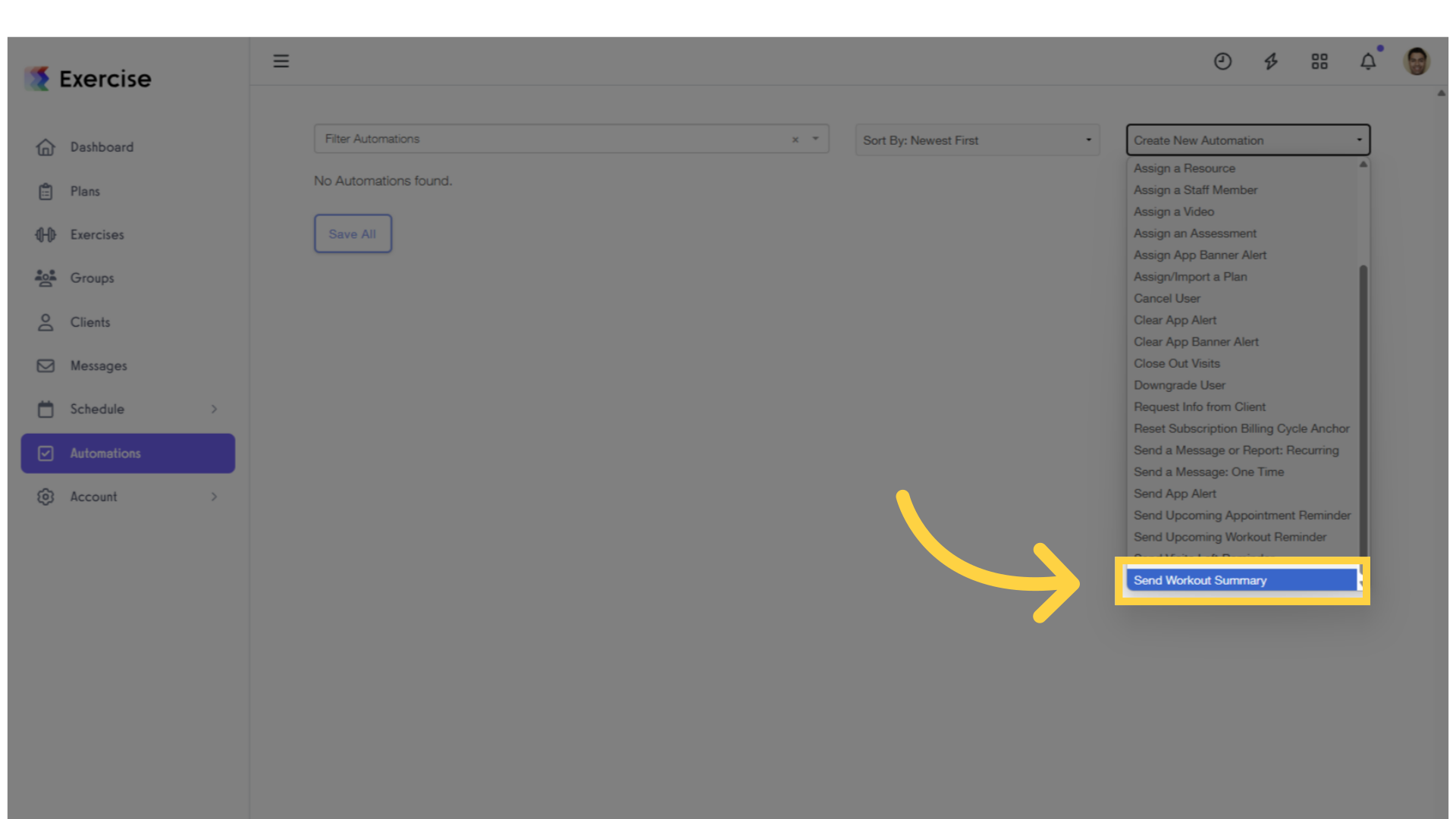 Click on âCreate New Automationâ and select 'Send Workout Summary' from the drop-down.
