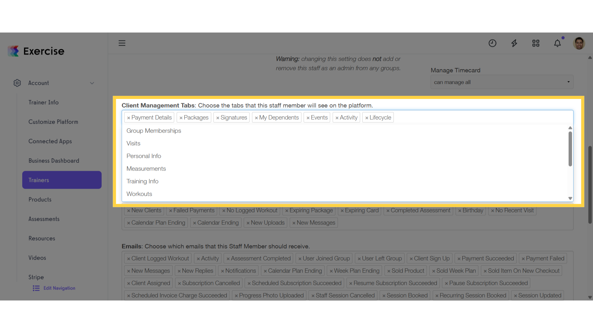 Select Client Management Tabs Drop-down List